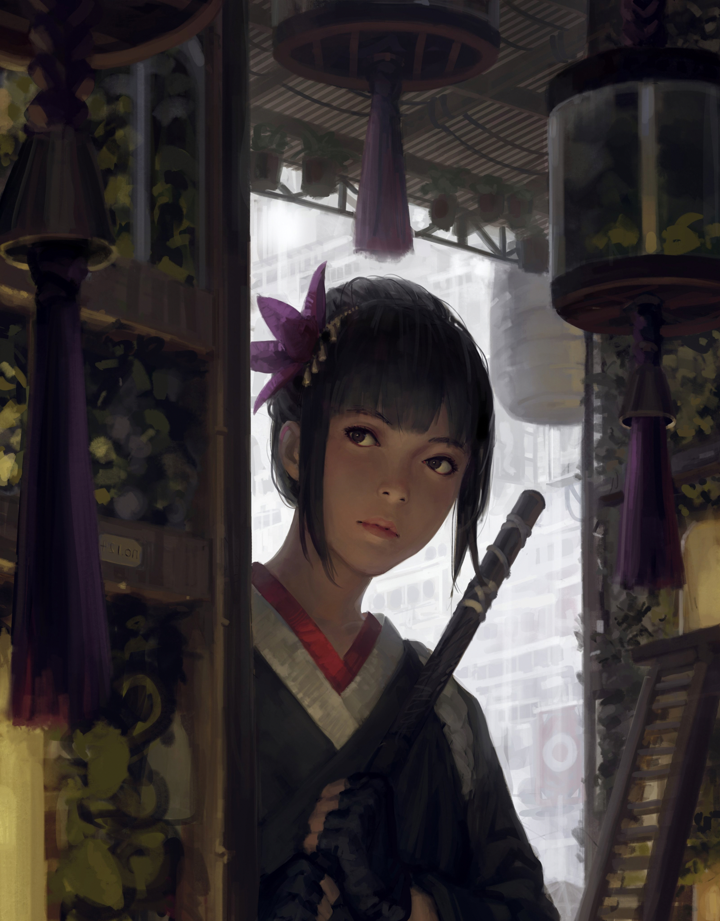 Women Black Hair Bangs Looking Away Portrait Display Kimono Fingerless Gloves Vertical Artwork 2D Di 2346x3000