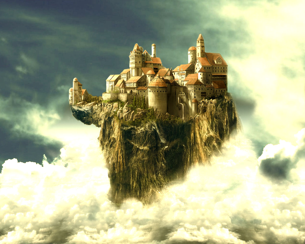 Castle Cloud Fantasy Floating Island Village 1280x1024