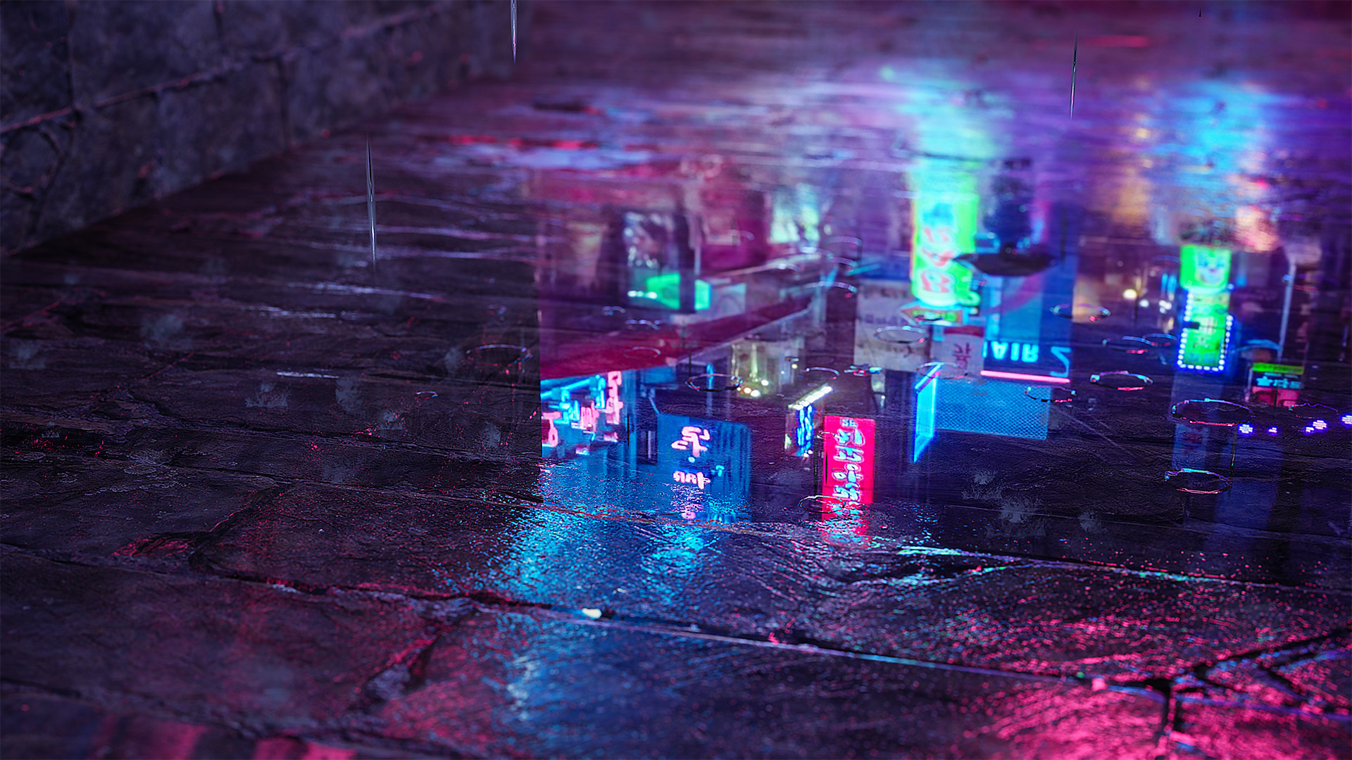 3D CGi Digital Art Water City City Lights Night Neon Glow Neon Unreal Engine 4 Rain Bricks Shader 1920x1080