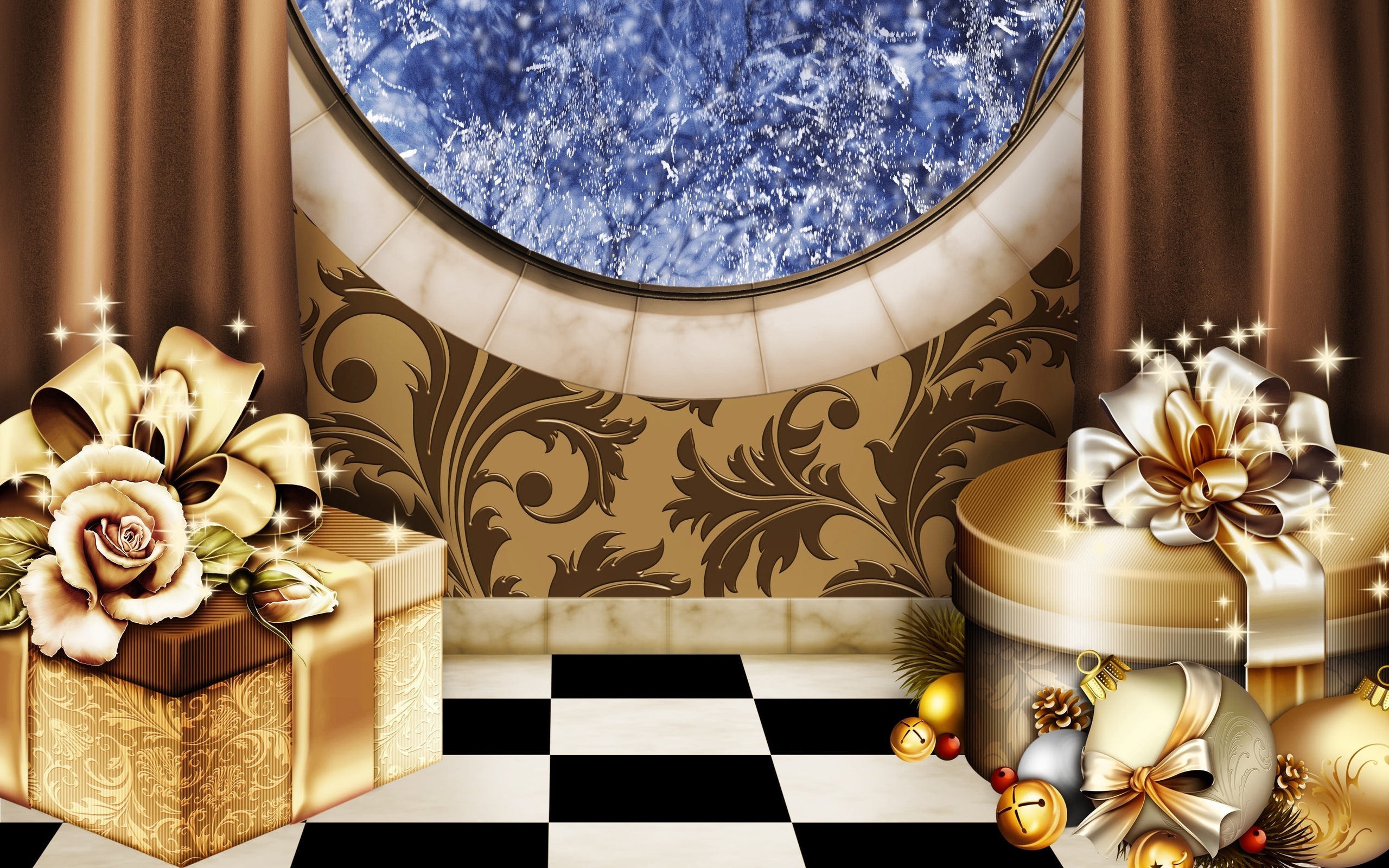Christmas Curtain Gift Holiday Silver Window 2560x1600