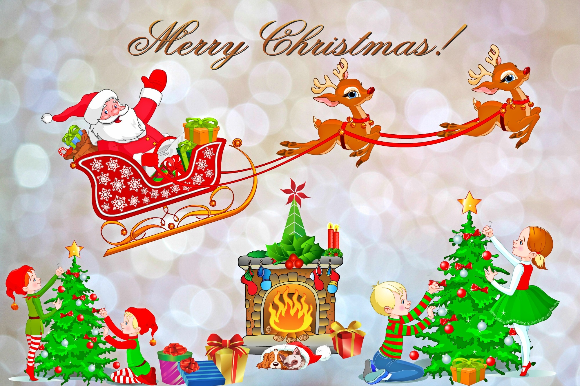 Bokeh Christmas Holiday Merry Christmas Reindeer Santa Claus Sleigh 2000x1333