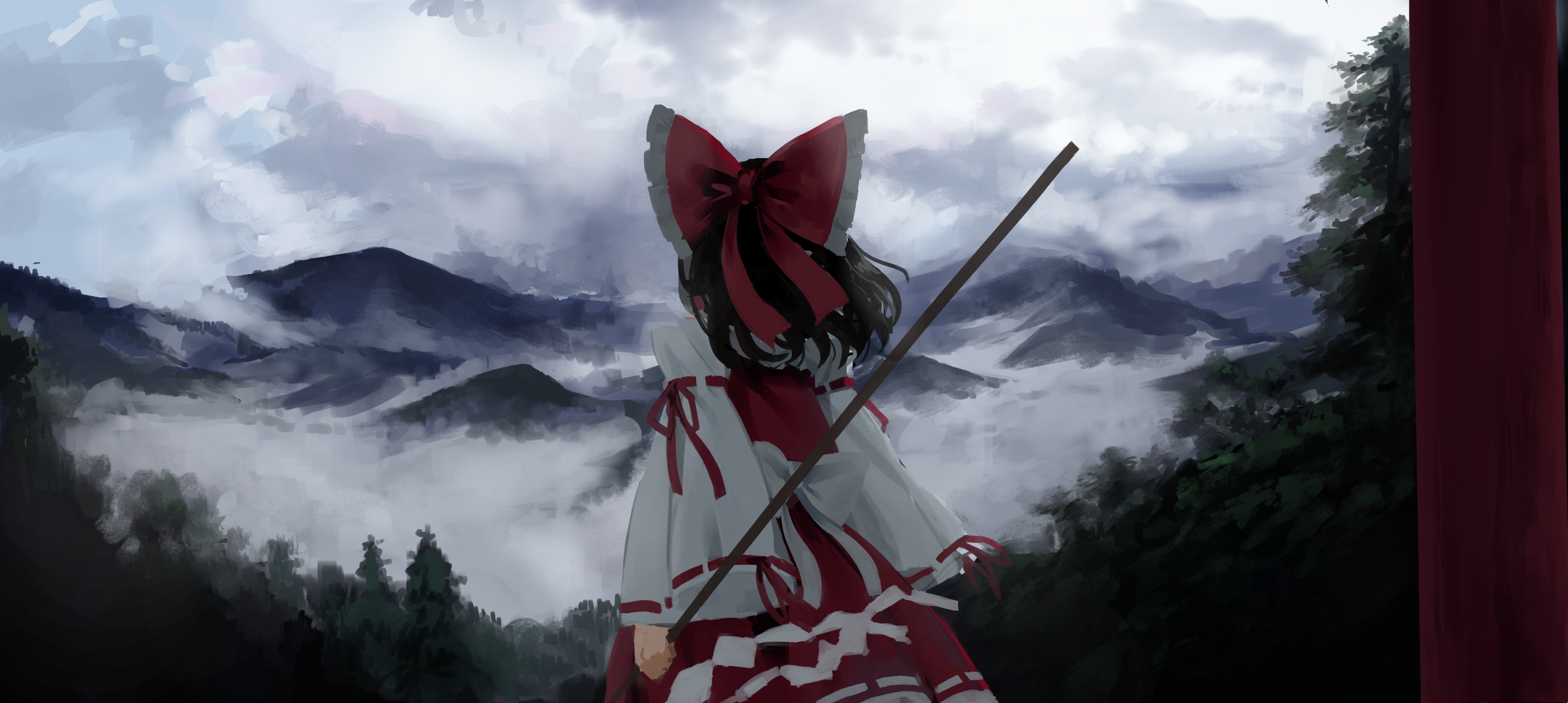 Hakurei Reimu Touhou Anime Girls Mountains Red Bow Shrine Maidens Overcast Forest Looking Into The D 2406x1080