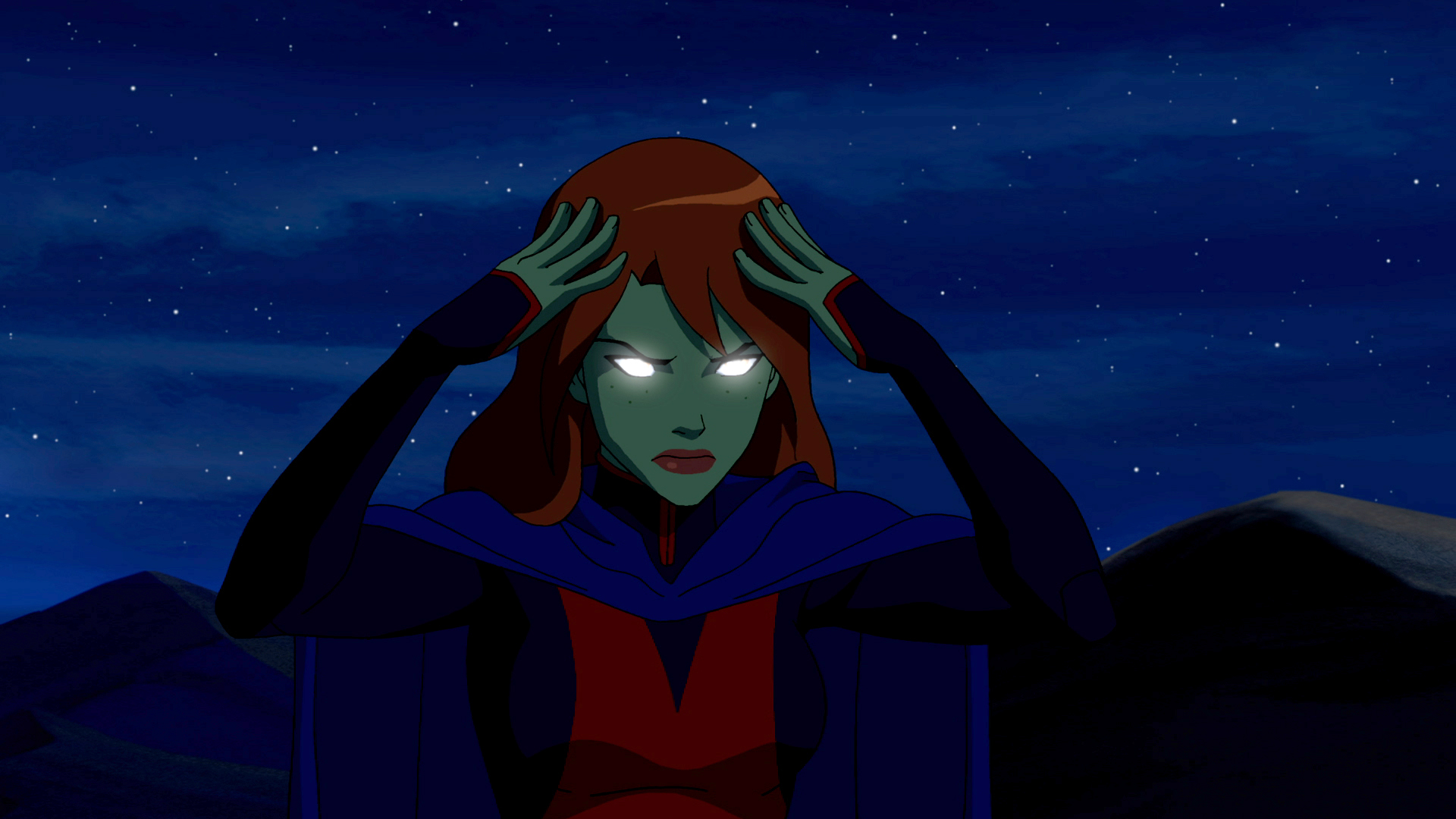 Cape Close Up Girl Glowing Eyes Miss Martian Night Young Justice 1920x1080