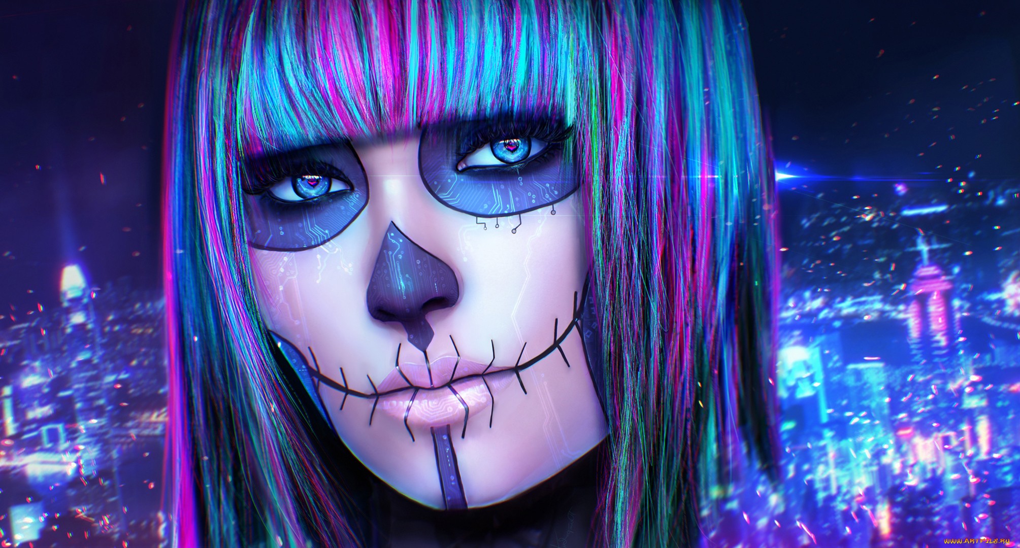 Colorful Day Of The Dead Girl Hair Makeup Woman 2009x1080