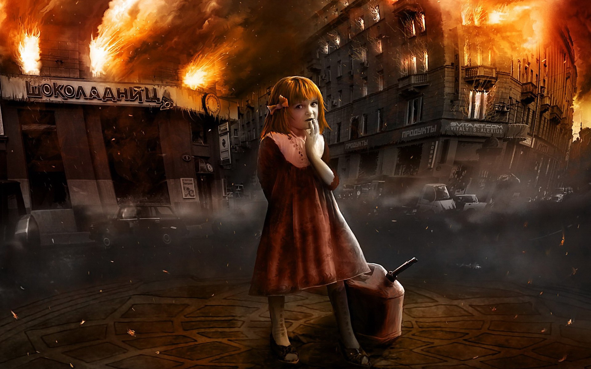 City Destruction Fantasy Fire Flame Little Girl 1920x1200
