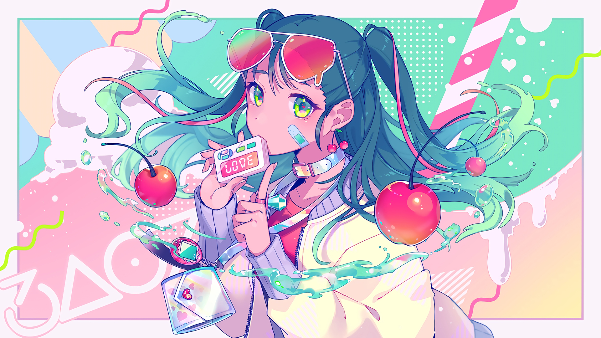 Long Hair Green Eyes Cherry Plum Red Glasses Choker Purse Anime Girls Anime Love Colorful Cherries B 1920x1080