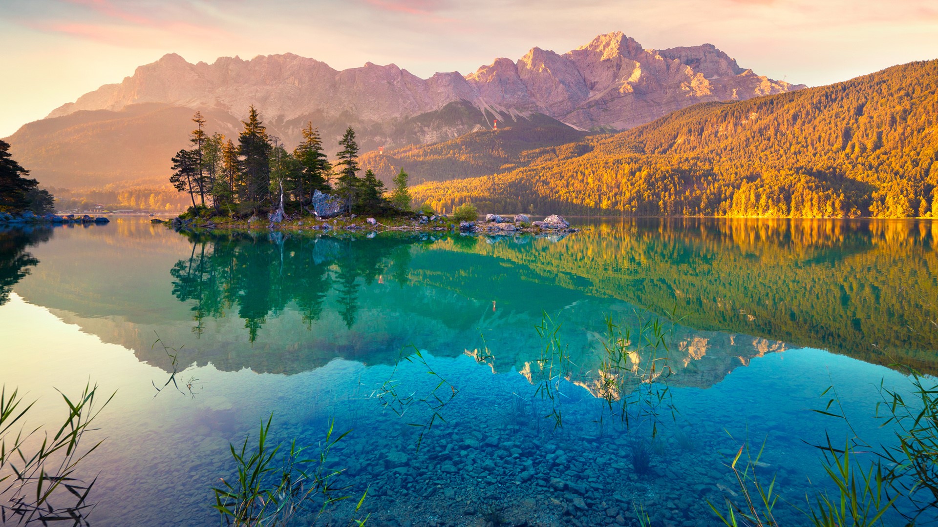 Nature Landscape Lake Rocks Mountains Reflection Trees Forest Clear Water Sunrise Lake Eibsee Alps G 1920x1080