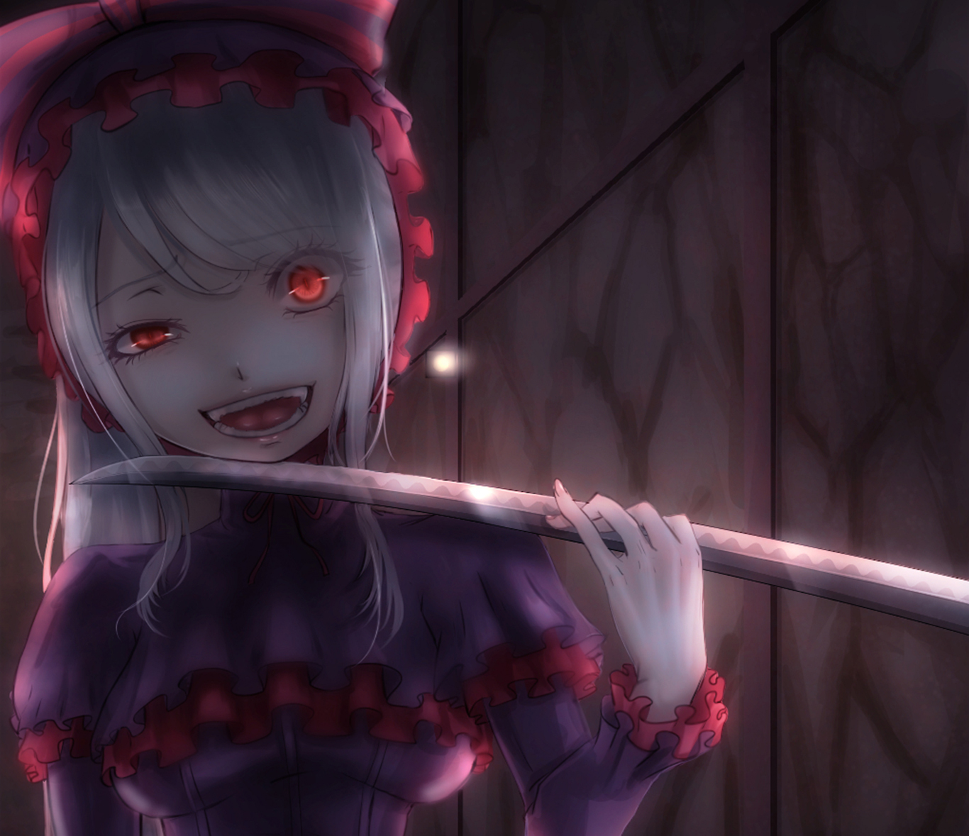 Anime Girl Overlord Anime Red Eyes Shalltear Bloodfallen Smile Sword Teeth Weapon White Hair 1366x1179
