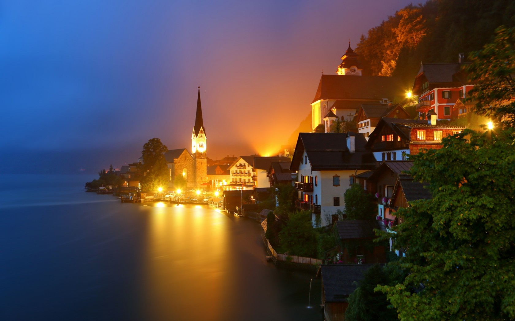 Austria City Hallstatt Lake Man Made Night Town 1680x1050