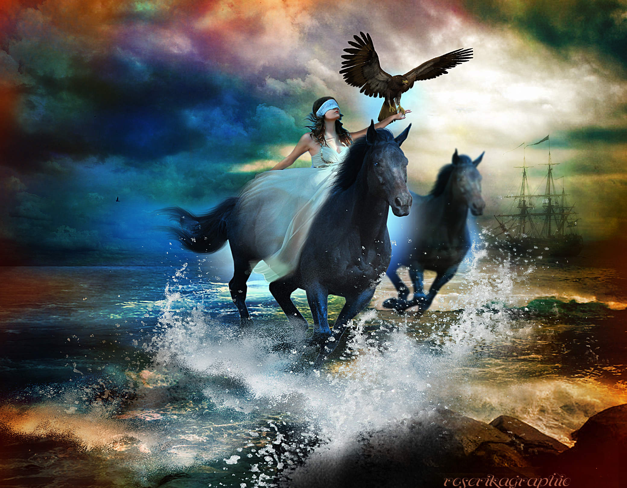 Bird Blindfold Boat Fantasy Horse Ocean Woman 2079x1621