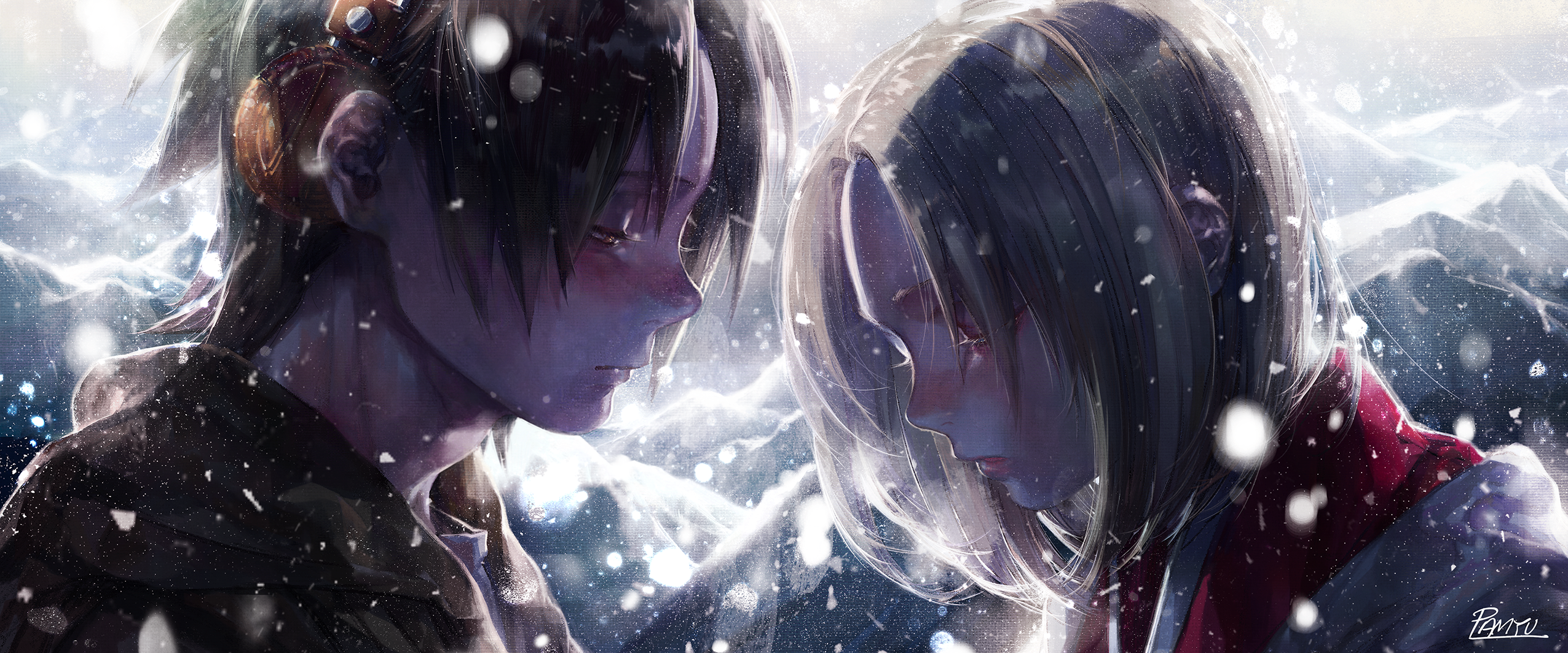 Anna Kyoyama Asakura Yoh Blush Boy Digital Art Girl Shaman King Short Hair Snow 2551x1063