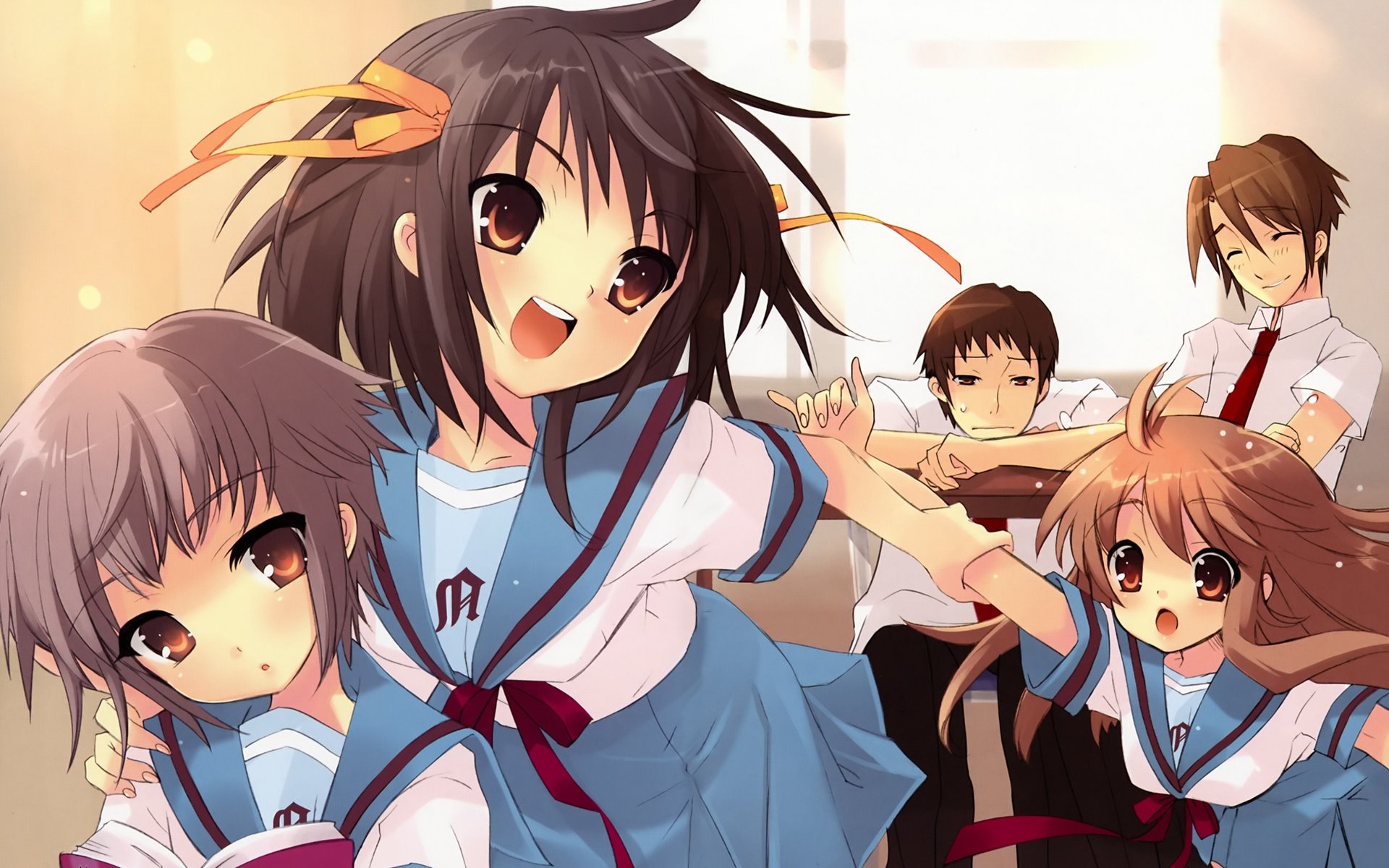 Brown Eyes Brown Hair Haruhi Suzumiya Itsuki Koizumi Kyon Haruhi Mikuru Asahina School Uniform Short 1920x1200