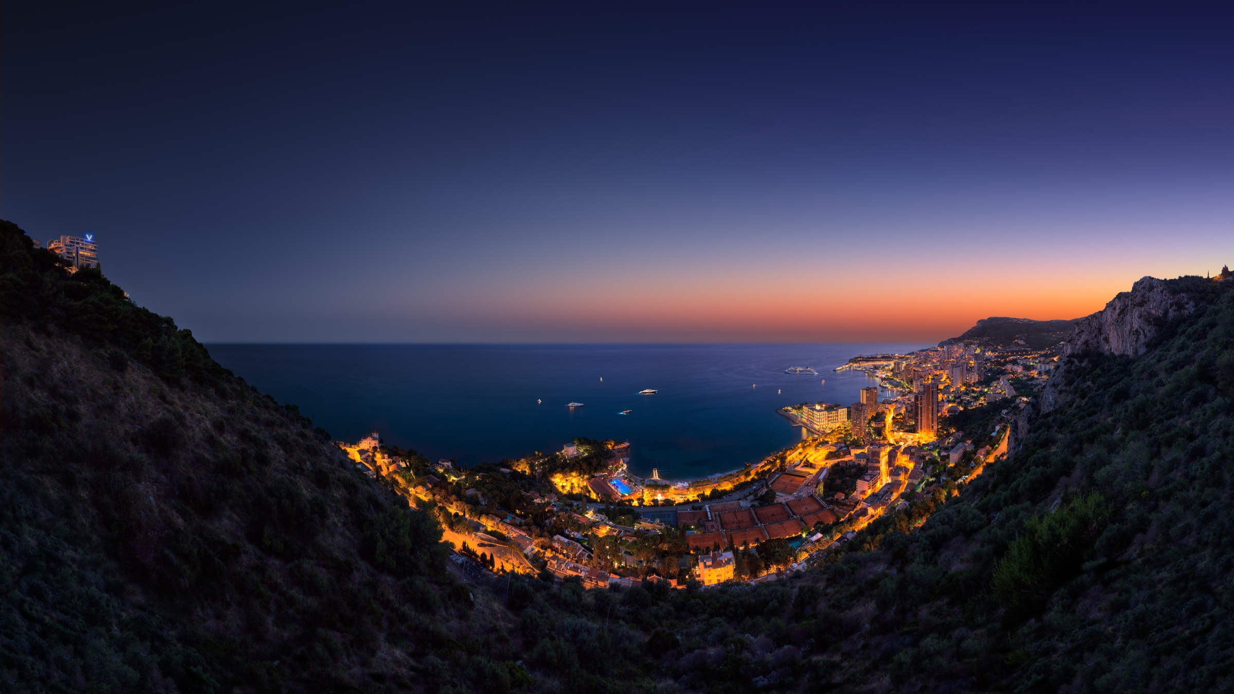 Monaco Night Sunset Lights Hills Water 2400x1350