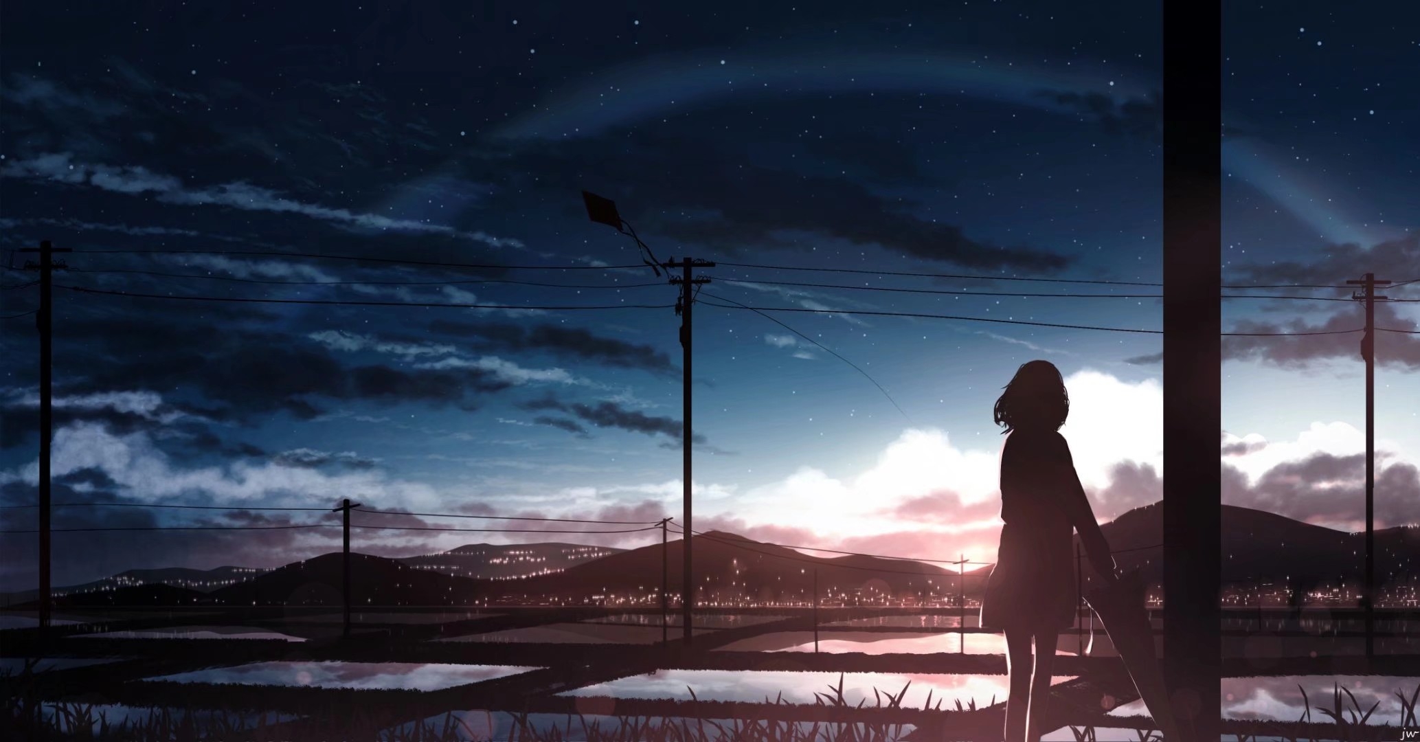Moescape Anime Anime Girls Sunset Dark Sky Landscape 2067x1080
