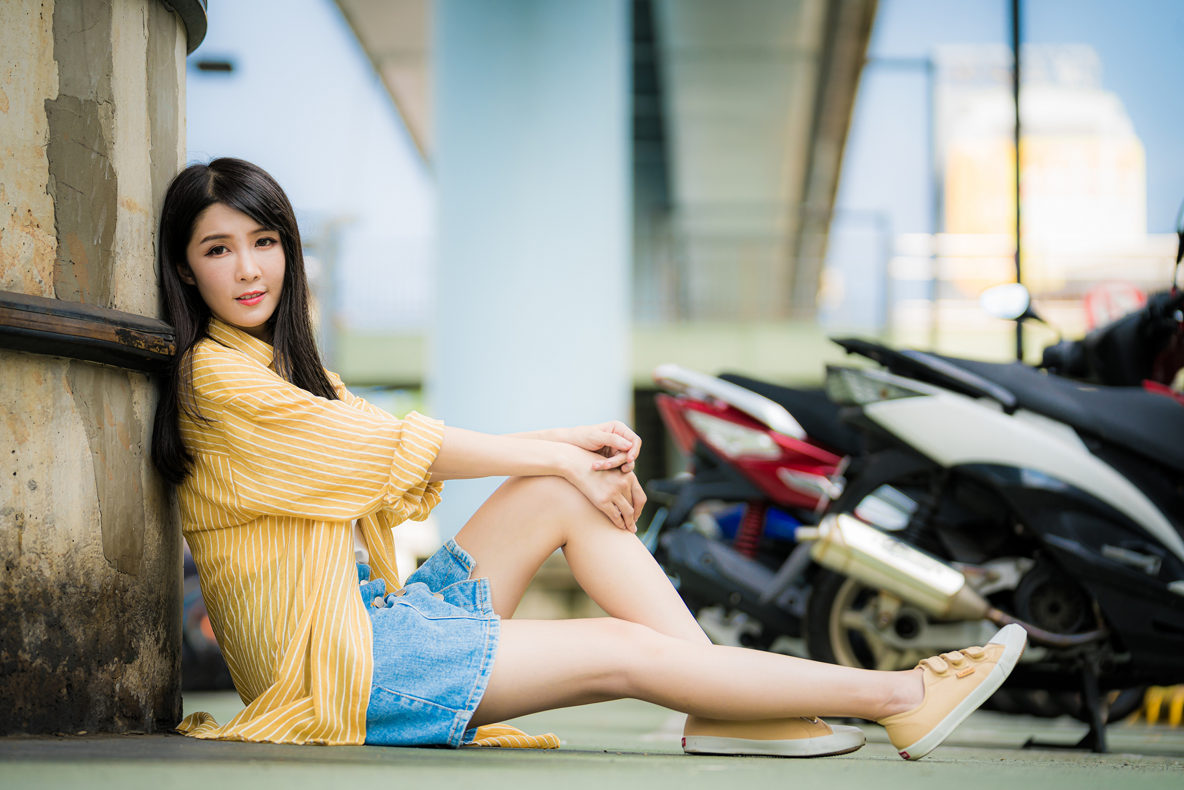 Asian Women Model Long Hair Brunette Sitting Depth Of Field Yellow Shirt Skirt Jeans Leaning Bikes 3840x2561