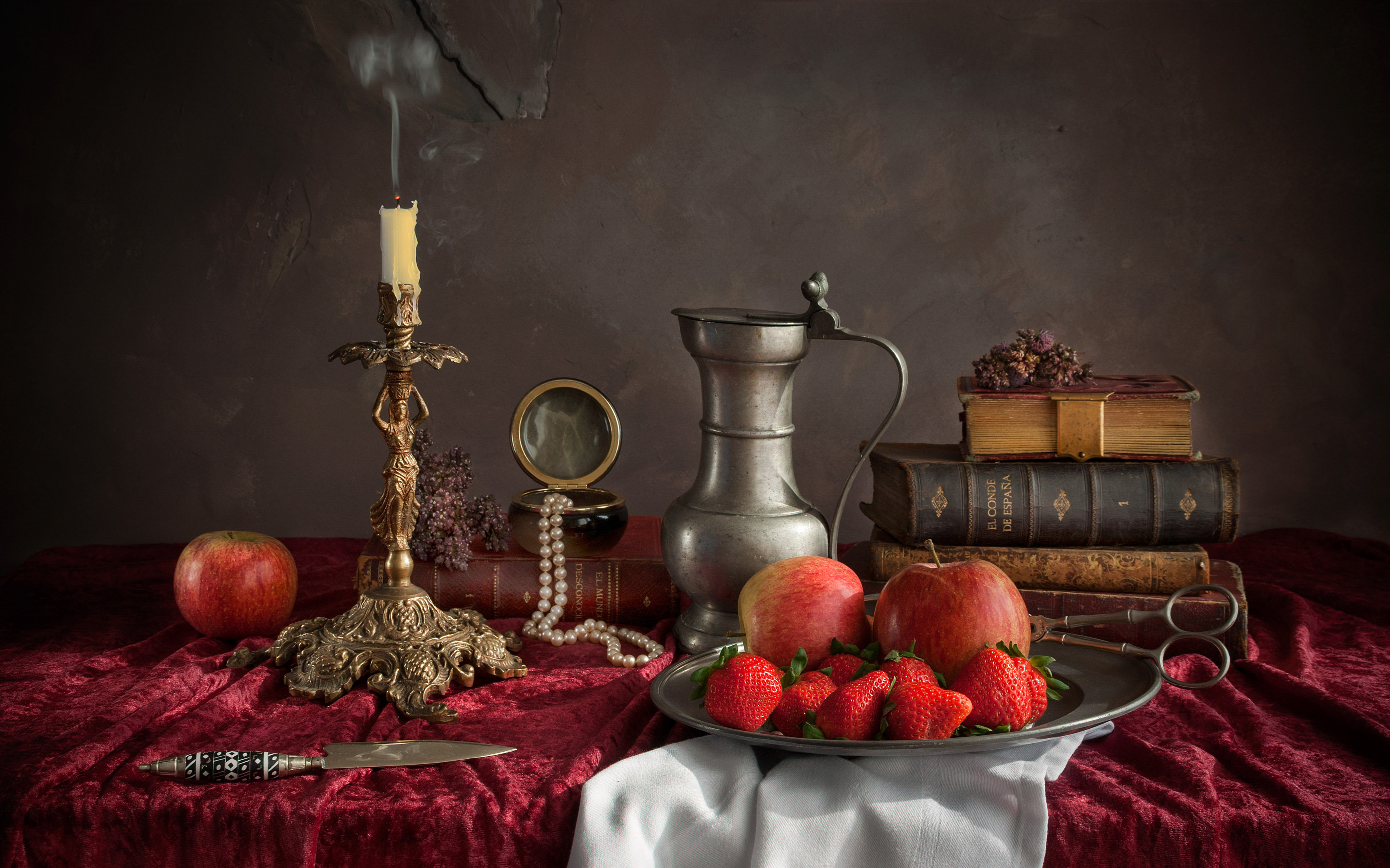 Apple Book Candle Knife Pearl Pitcher Still Life Strawberry 3520x2200
