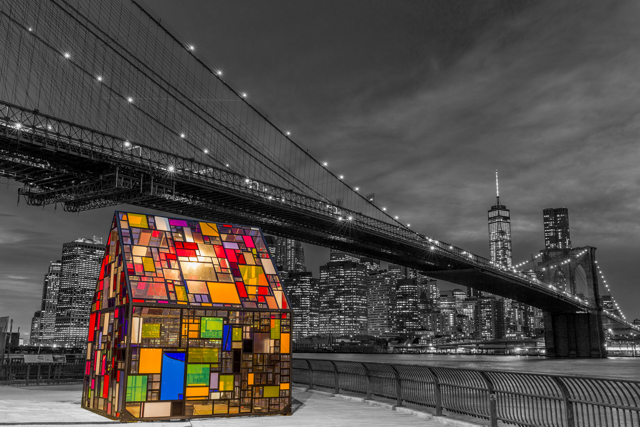 Bridge Brooklyn Bridge City New York Night Selective Color Usa 2048x1365