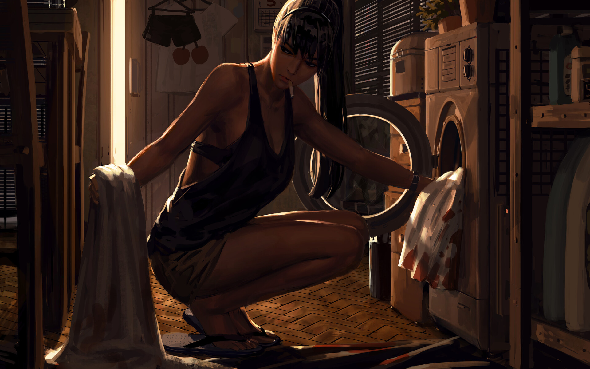 Laundry Women Washing Machine Artwork ArtStation Smoking Cigarettes GUWEiZ Long Hair Black Hair Pony 1920x1200