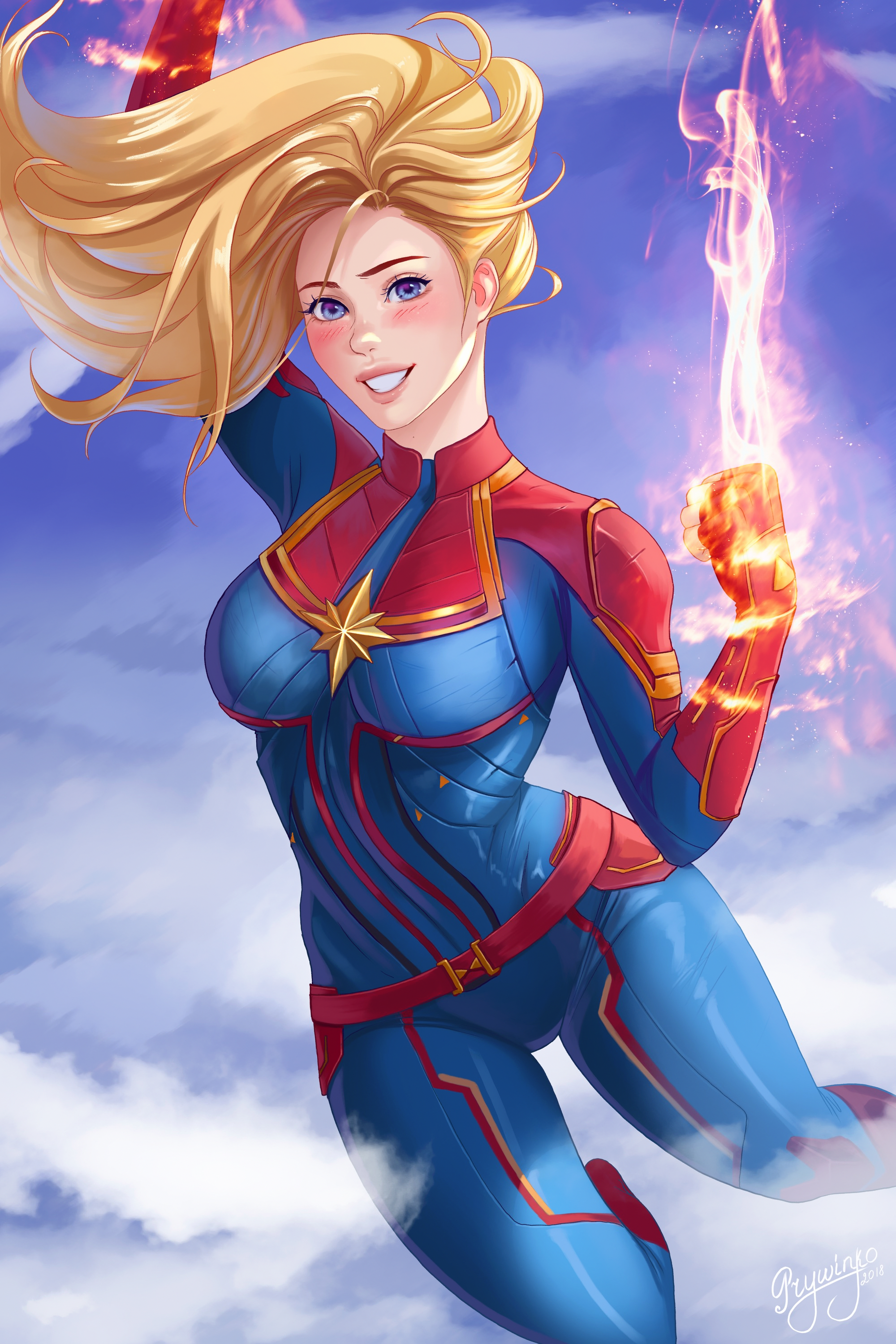 Carol Danvers Captain Marvel Marvel Comics Superheroines Blonde Long Hair Blue Eyes Blushing Smiling 2000x3000