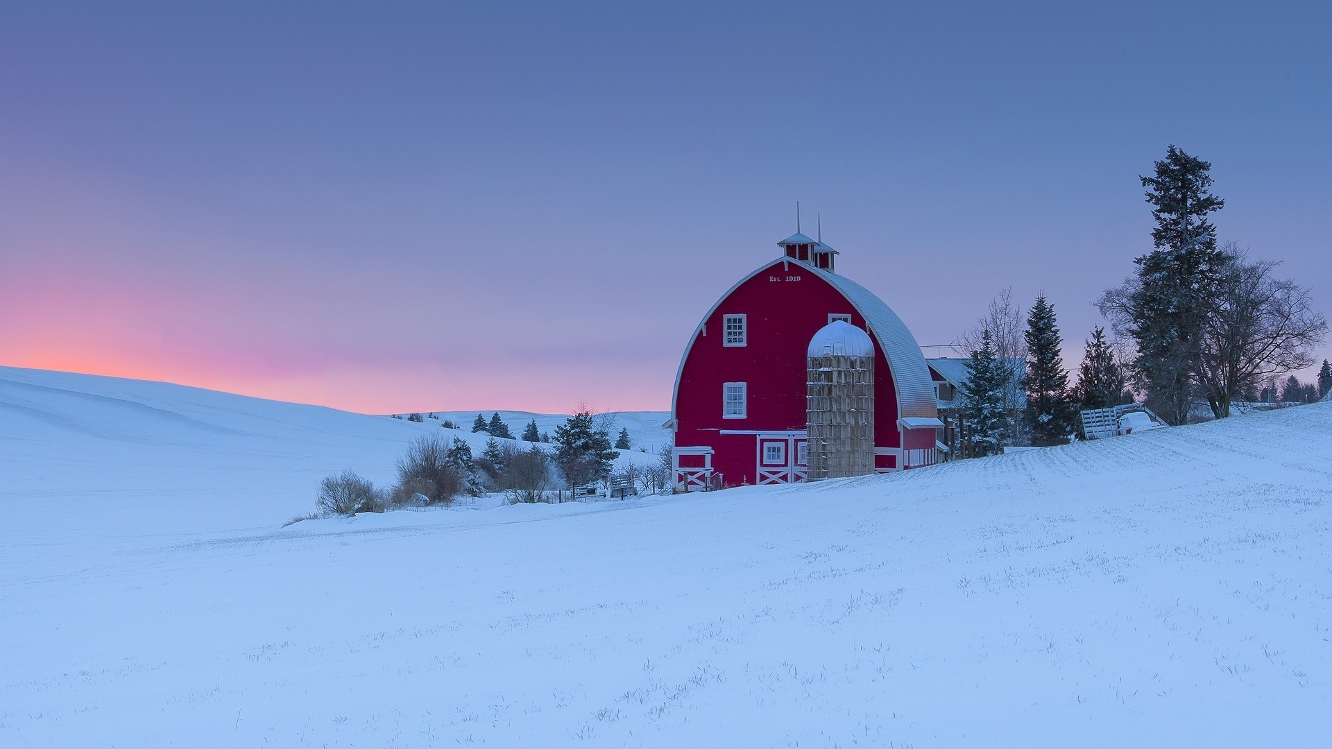 Barn Silo Snow Sunset Winter 1920x1080