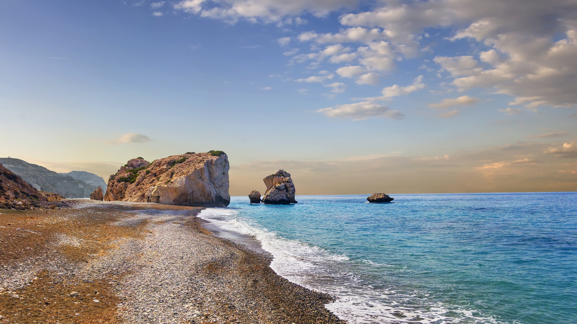Nature Landscape Beach Rocks Sand Sea Coast Water Horizon Petra Tou Romiou Clouds Sky Cyprus 1920x1080