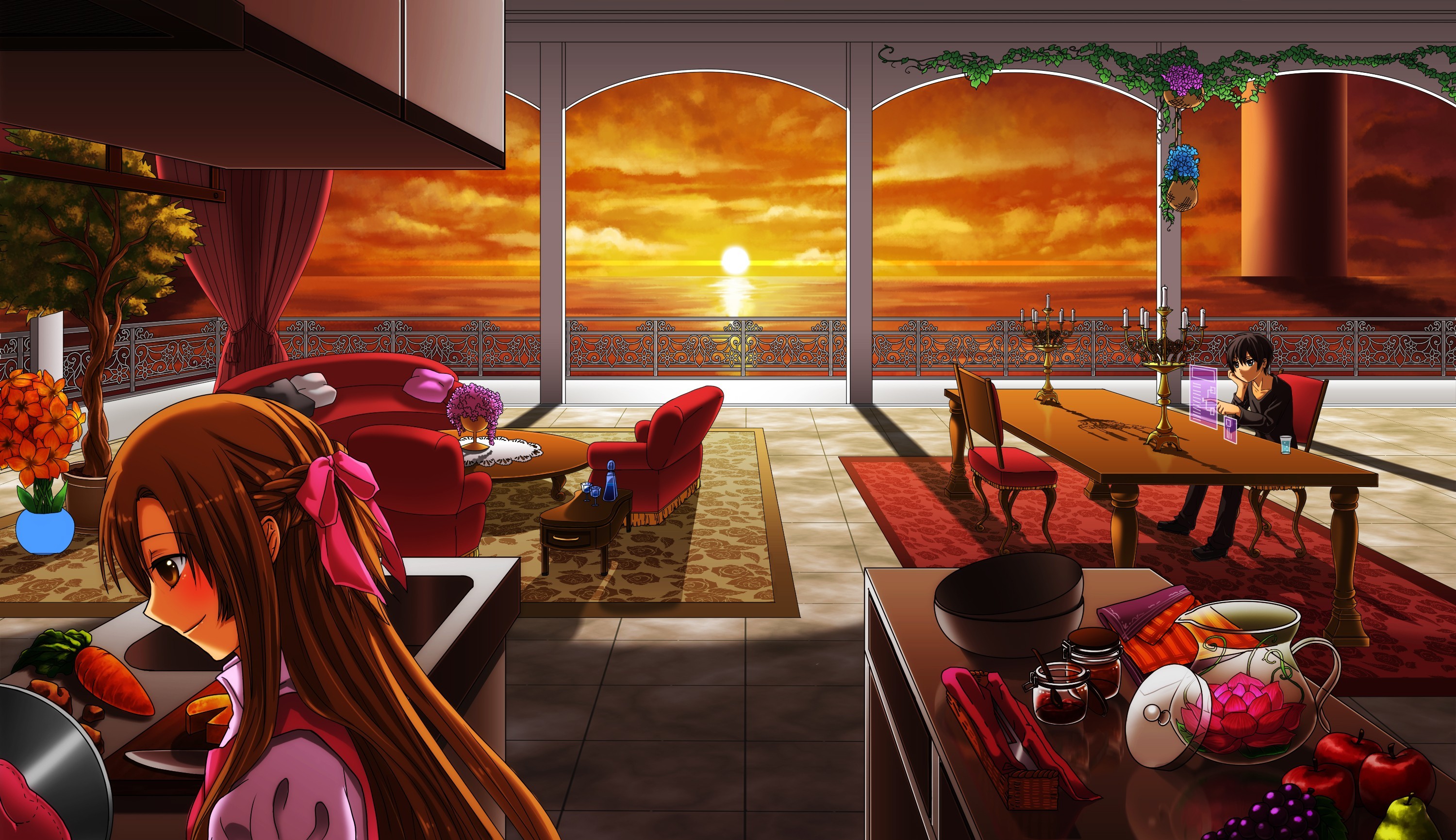 Asuna Yuuki Boy Girl Kirito Sword Art Online Sea Sunset Sword Art Online Terrace 3000x1730