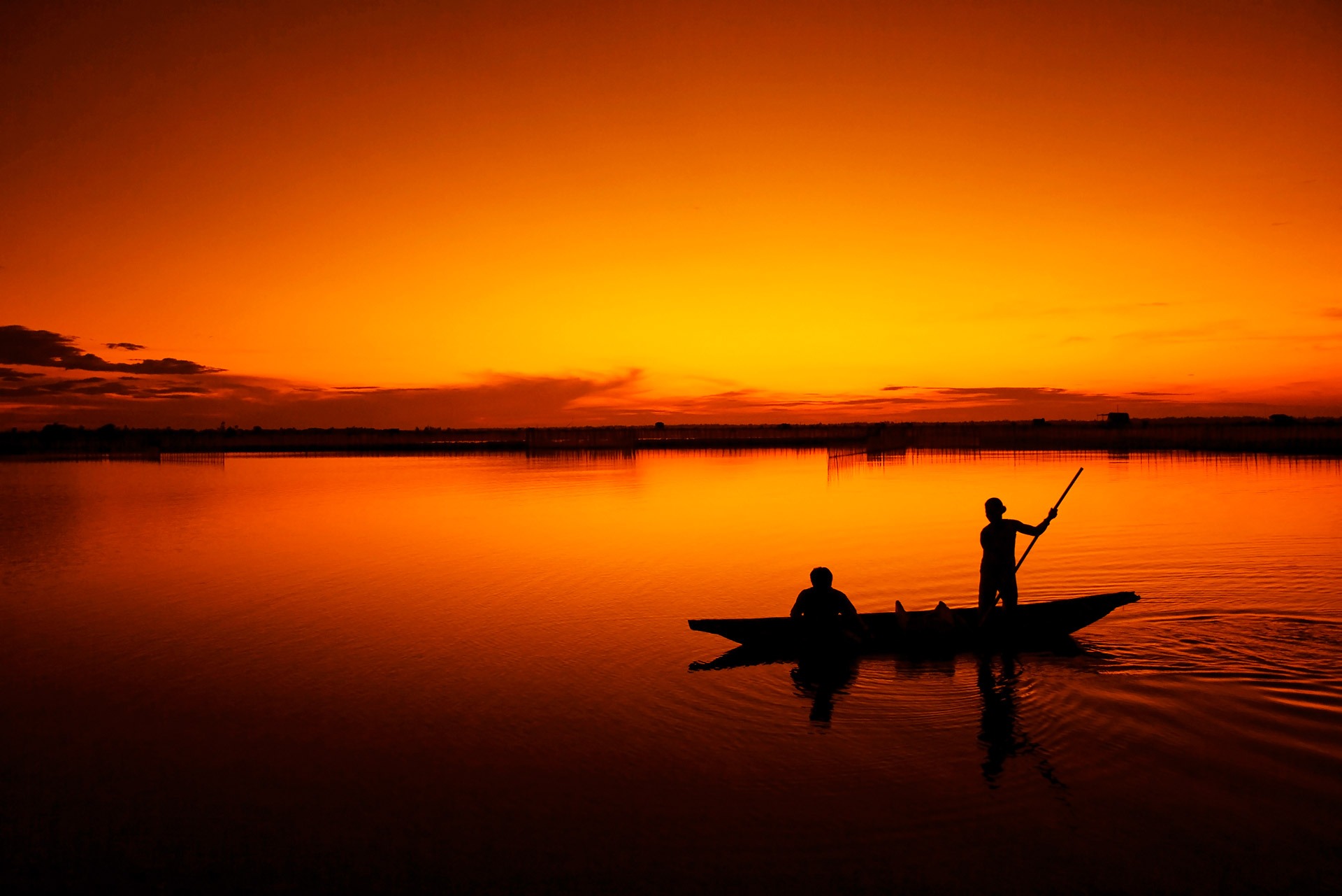 Boat Fisherman Lagoon People Sunset Vietnam Orange Color 1920x1281