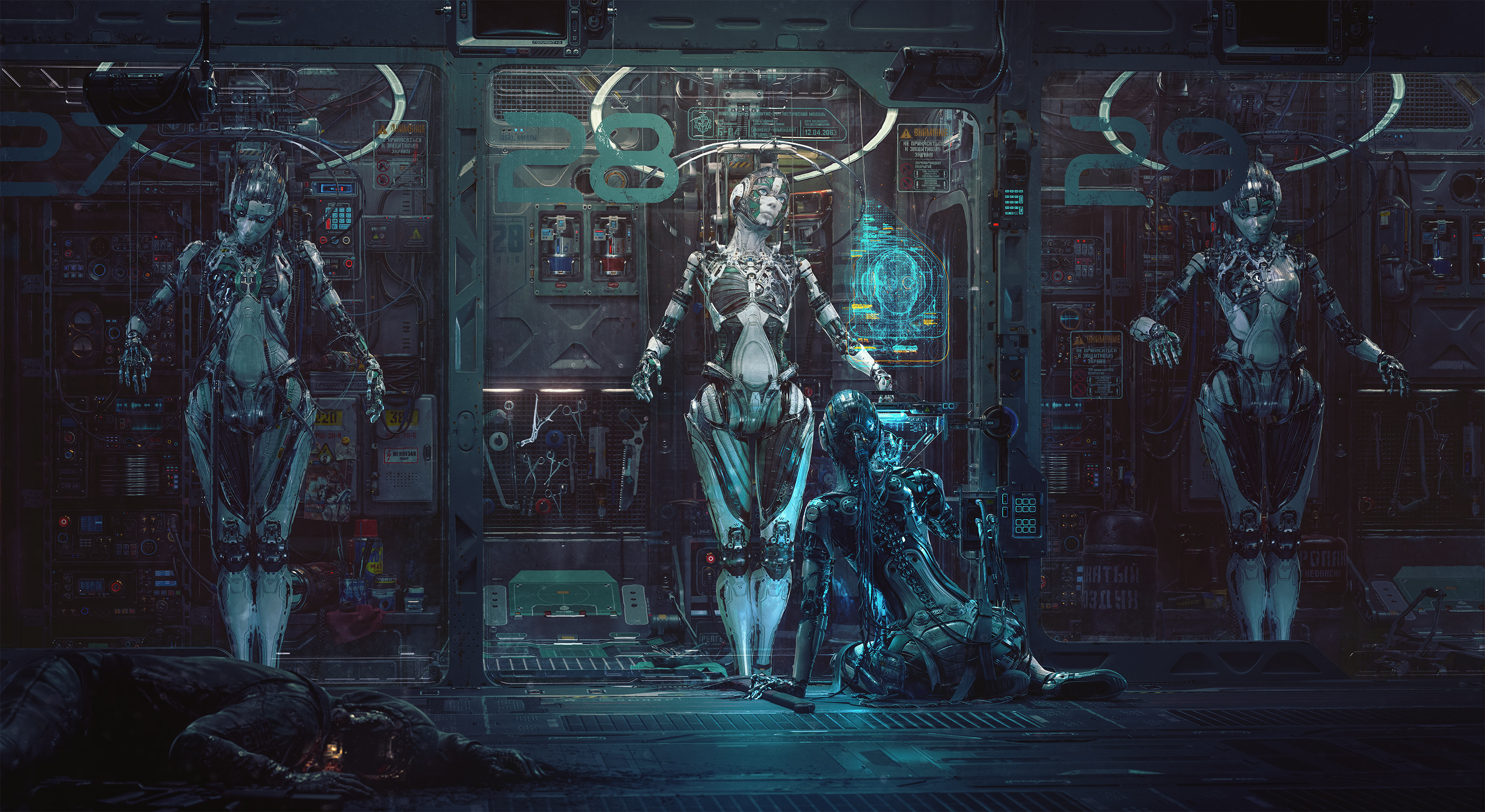 ArtStation Robot Gynoid Science Fiction Digital Art Machine Cyrillic 3072x1680