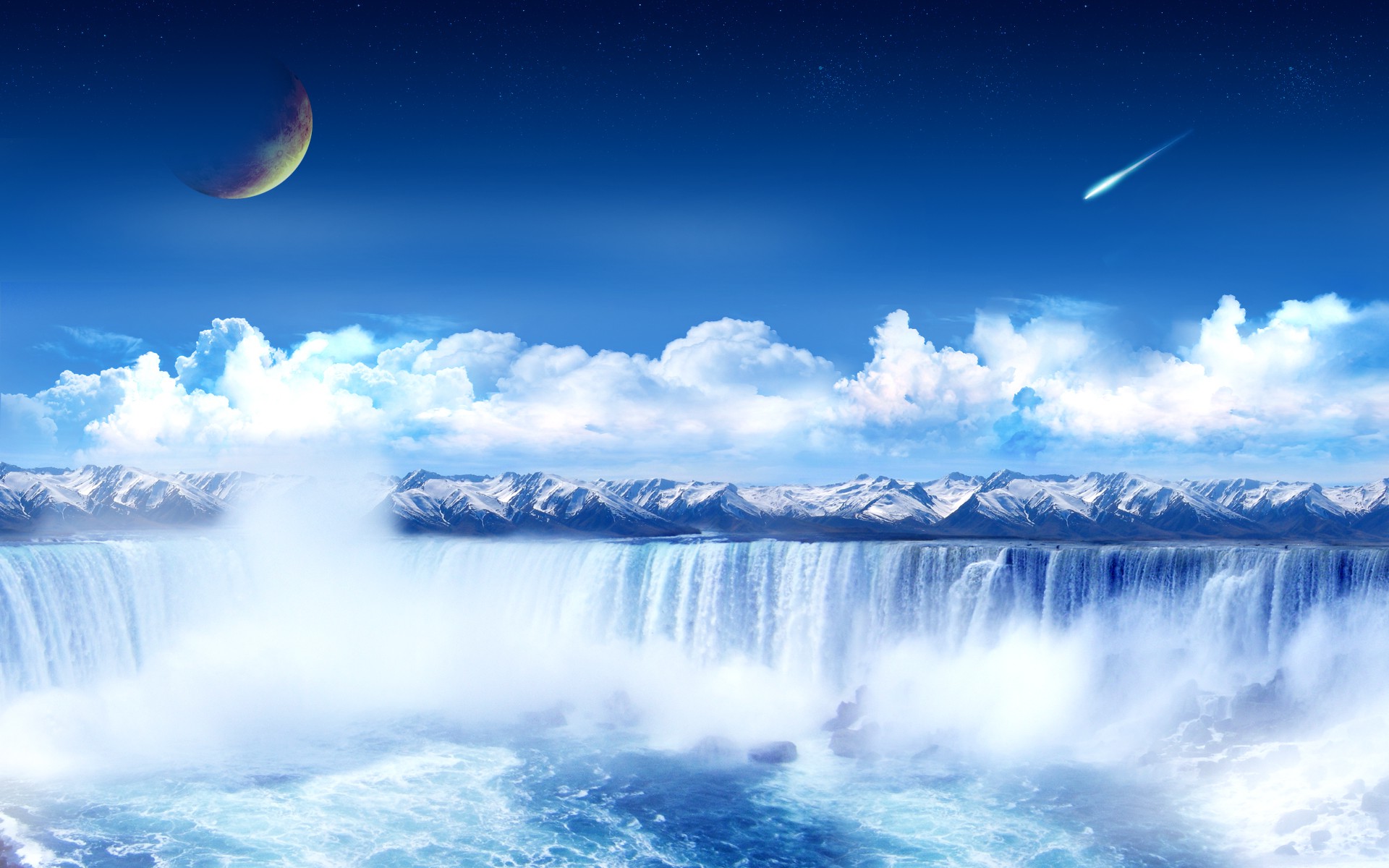 Blue Cloud Fantasy Meteor Moon Planet Waterfall 1920x1200