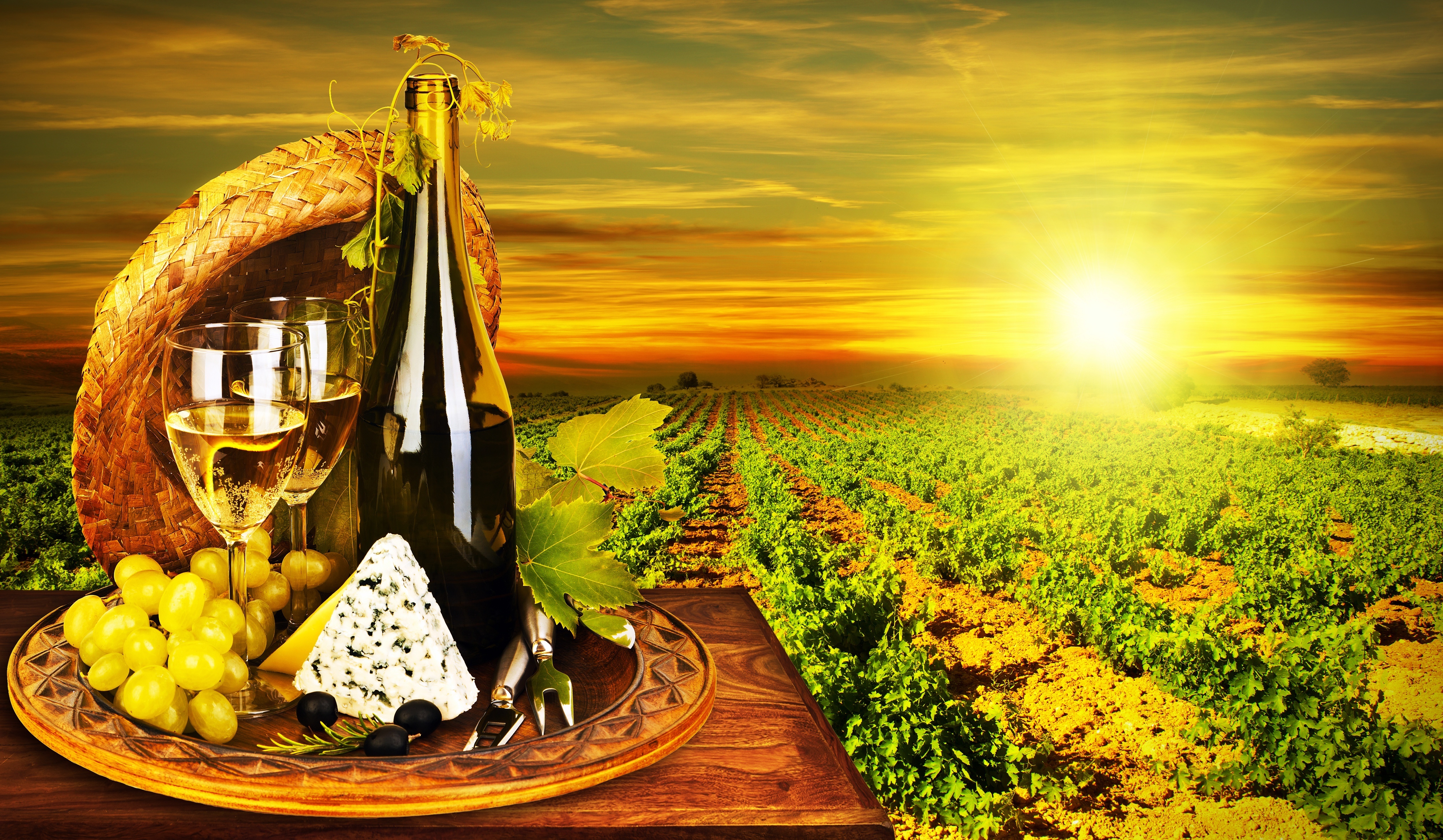 Bottle Cheese Grapes Sun Vineyard Wine 5000x2912