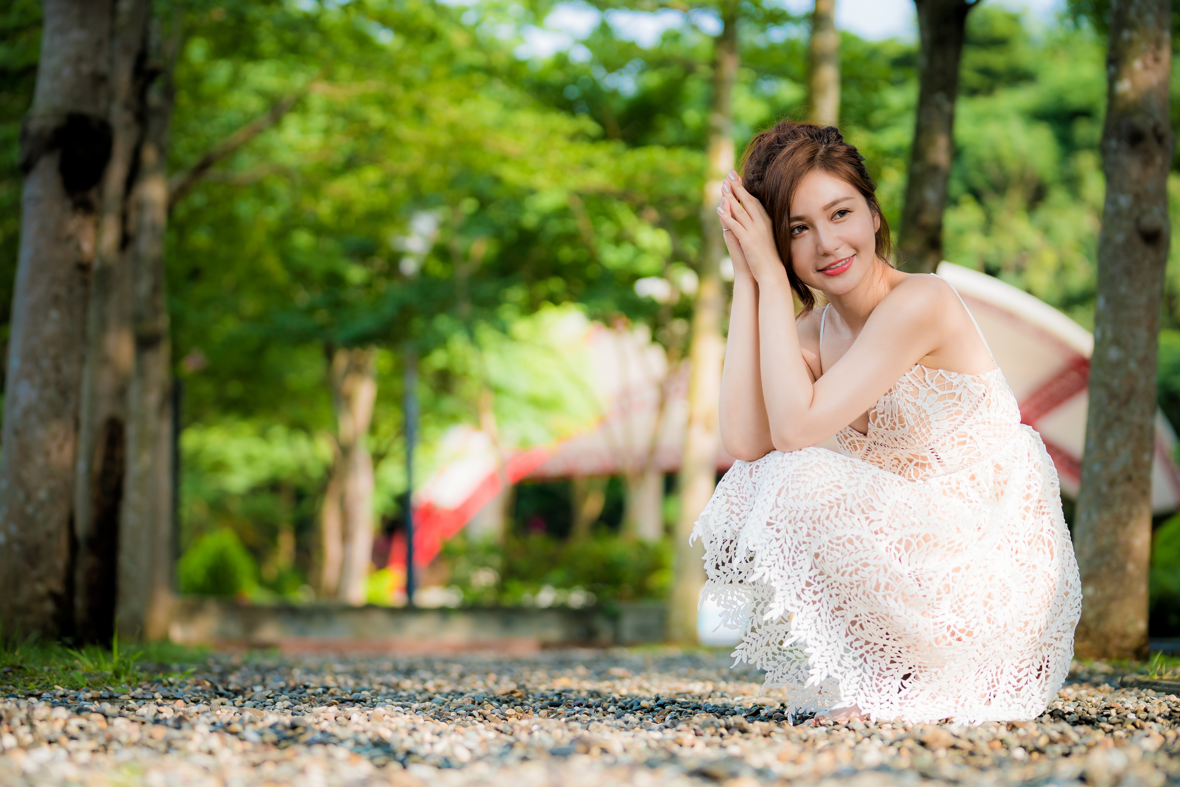 Asian Model Women Long Hair Brunette White Dress Squatting Trees Grass 4562x3043