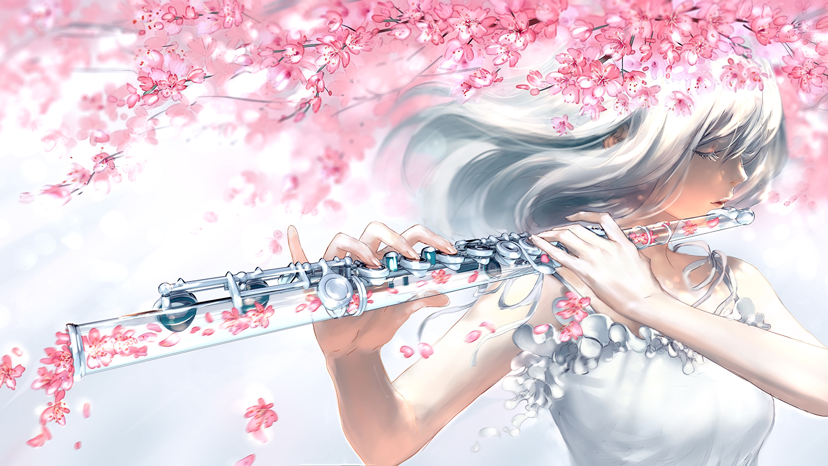 Anime Flute White Hair Petals Yuumei 2666x1500