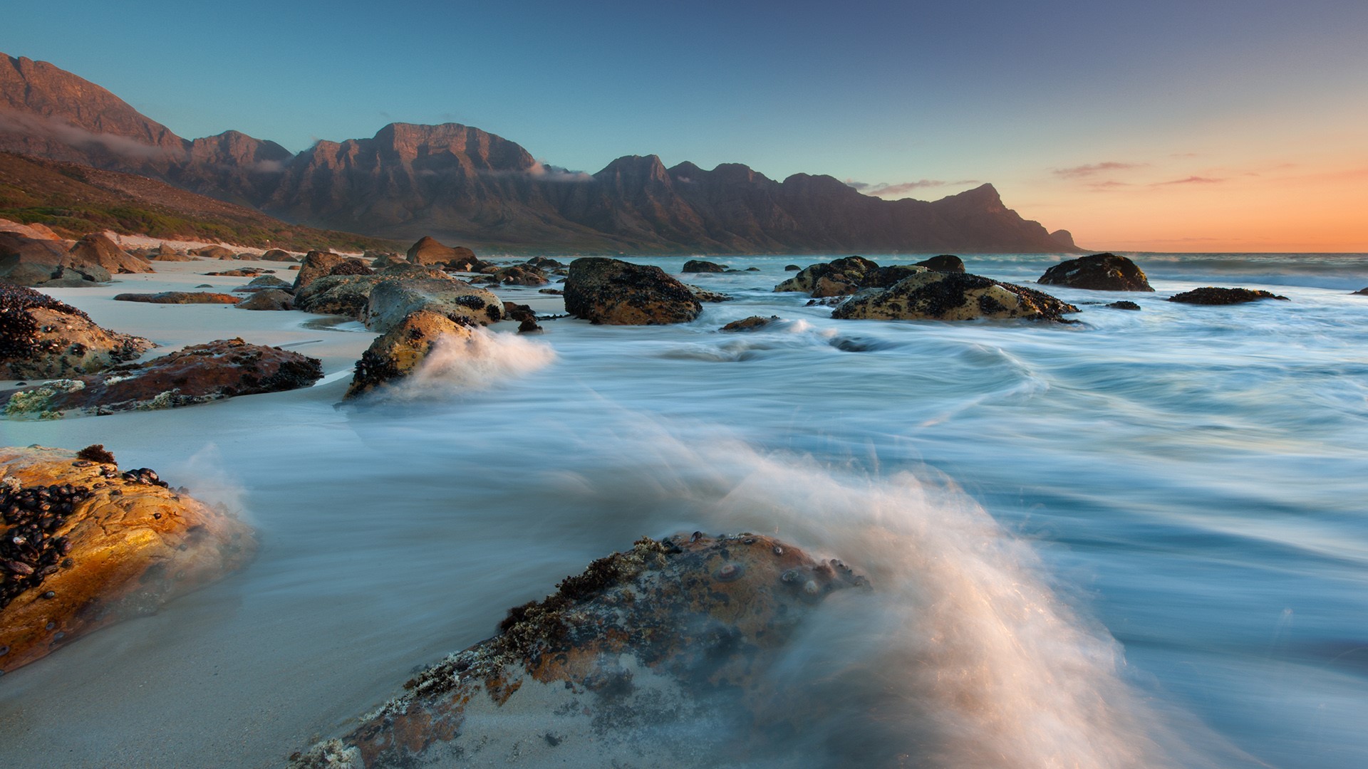 Nature Landscape Mountains Rocks Sand Water Waves Long Exposure Coast Sunset South Africa 1920x1080