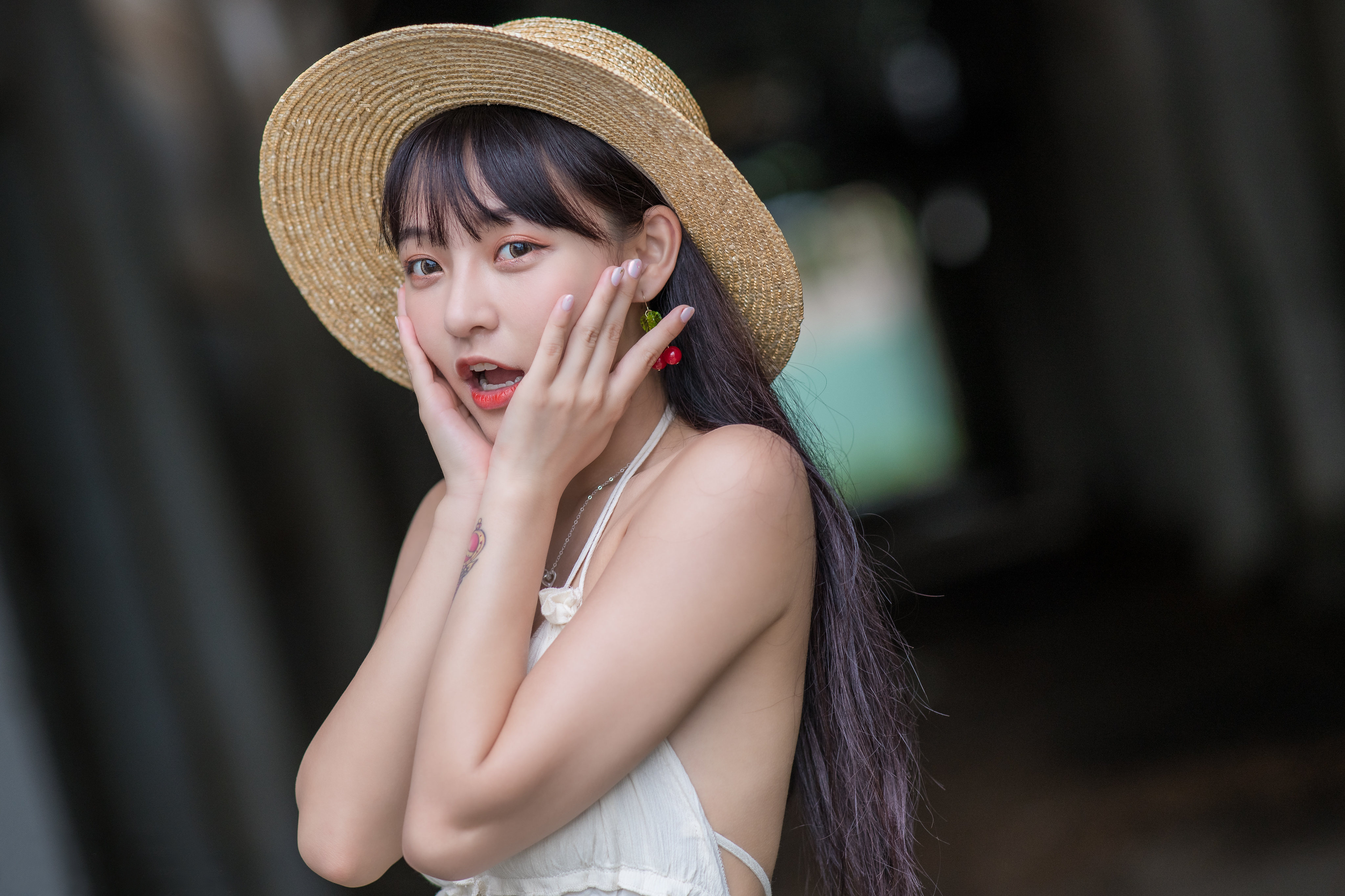 Asian Women Model Brunette Long Hair Straw Hat White Tops Underpass 4096x2730