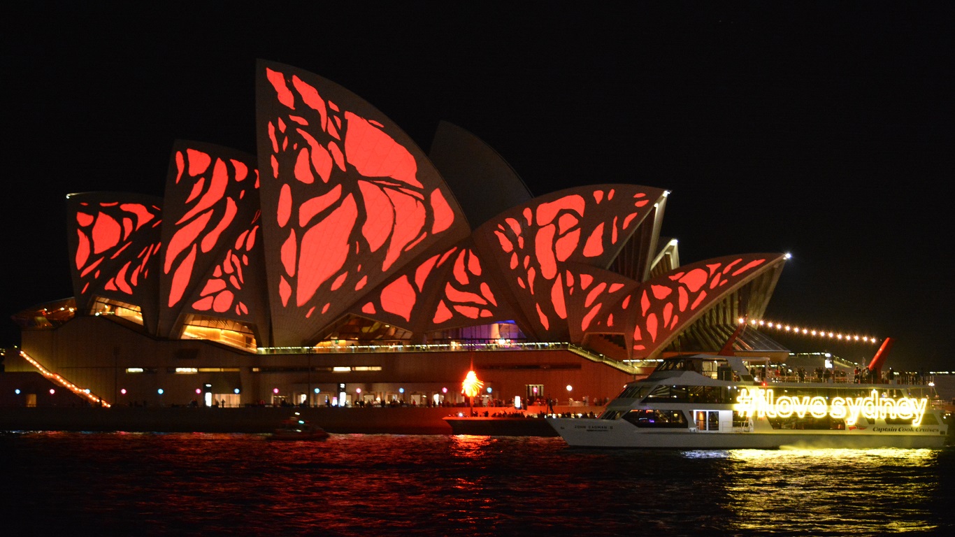 Architecture Australia Boat Colorful Light Night Sydney Sydney Opera House 1366x768