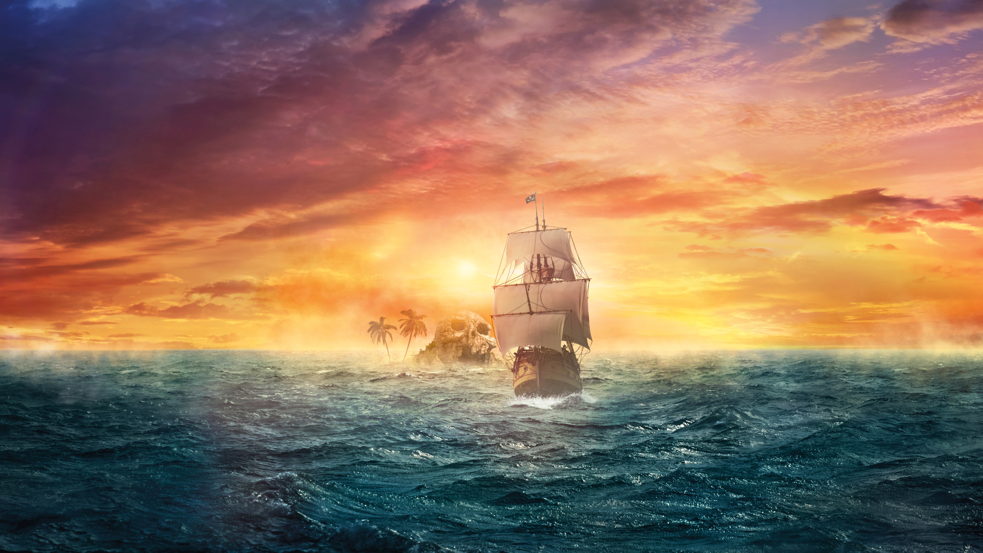 Island Ocean Pirate Pirate Ship Sailboat Sea Ship Skull Sunset Wave 3840x2160