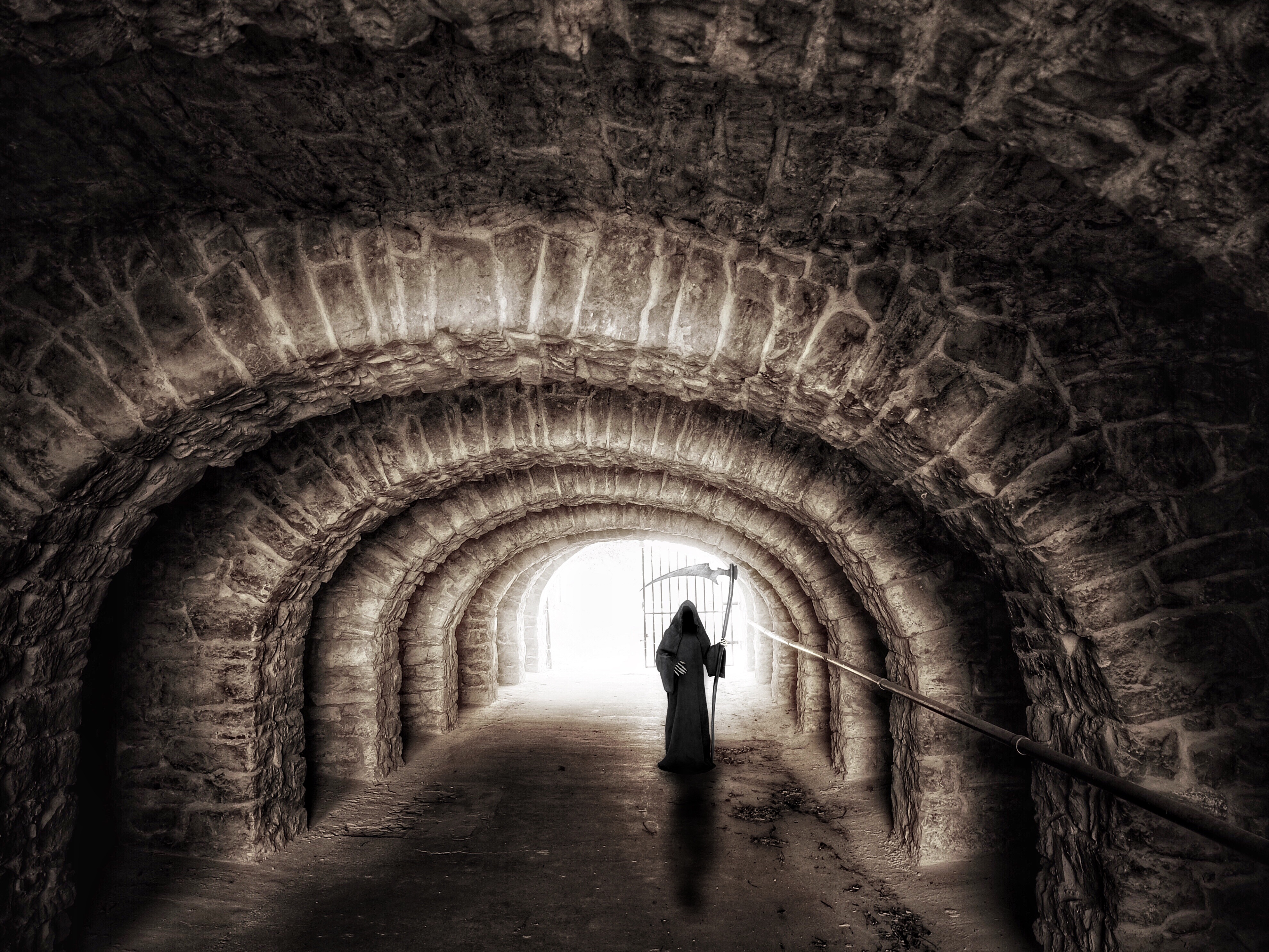 Creepy Dark Grim Reaper Scythe Sepia Tunnel Underground 3963x2973