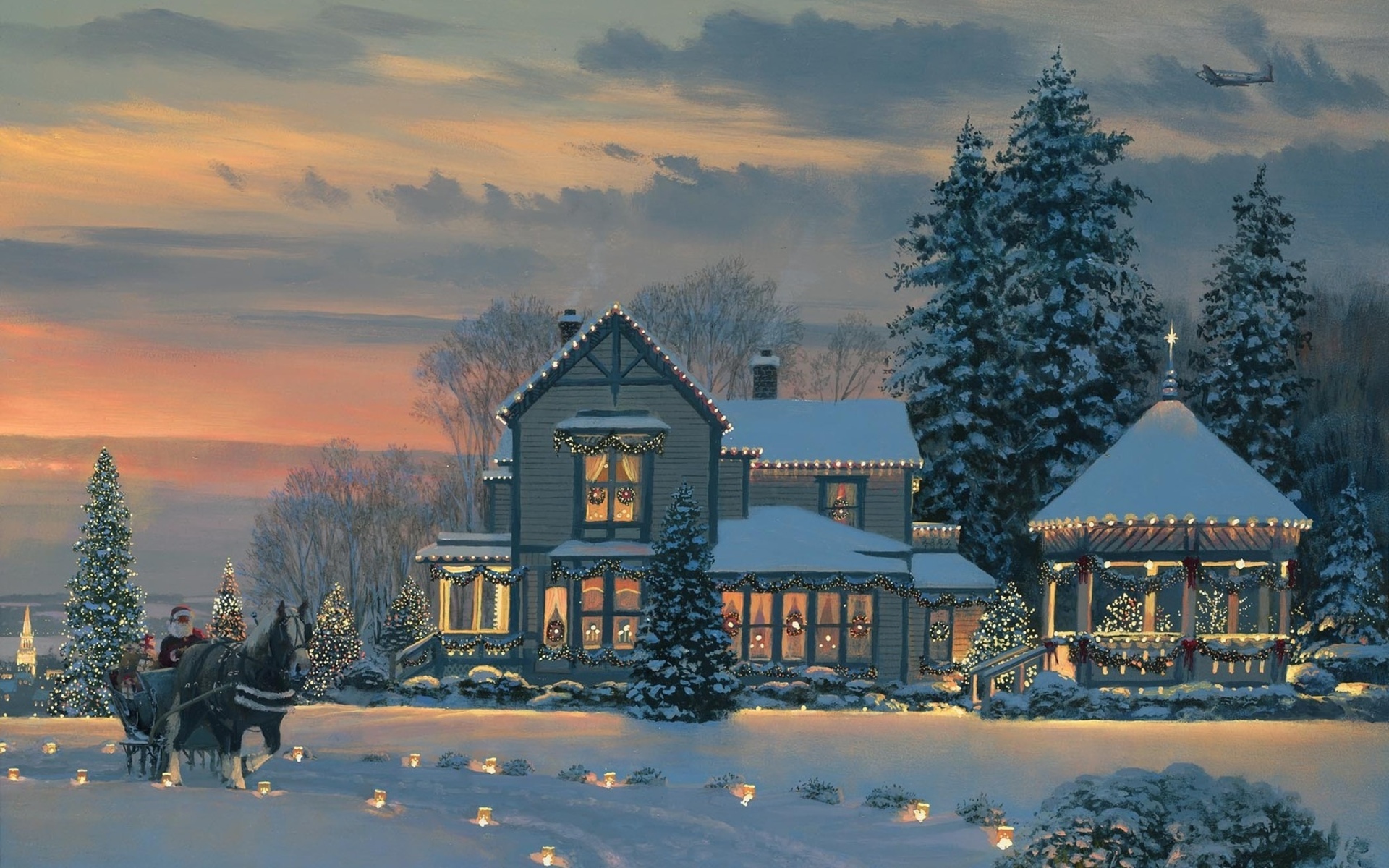 Christmas Christmas Tree Light Painting Santa Sleigh Snow Winter 1920x1200