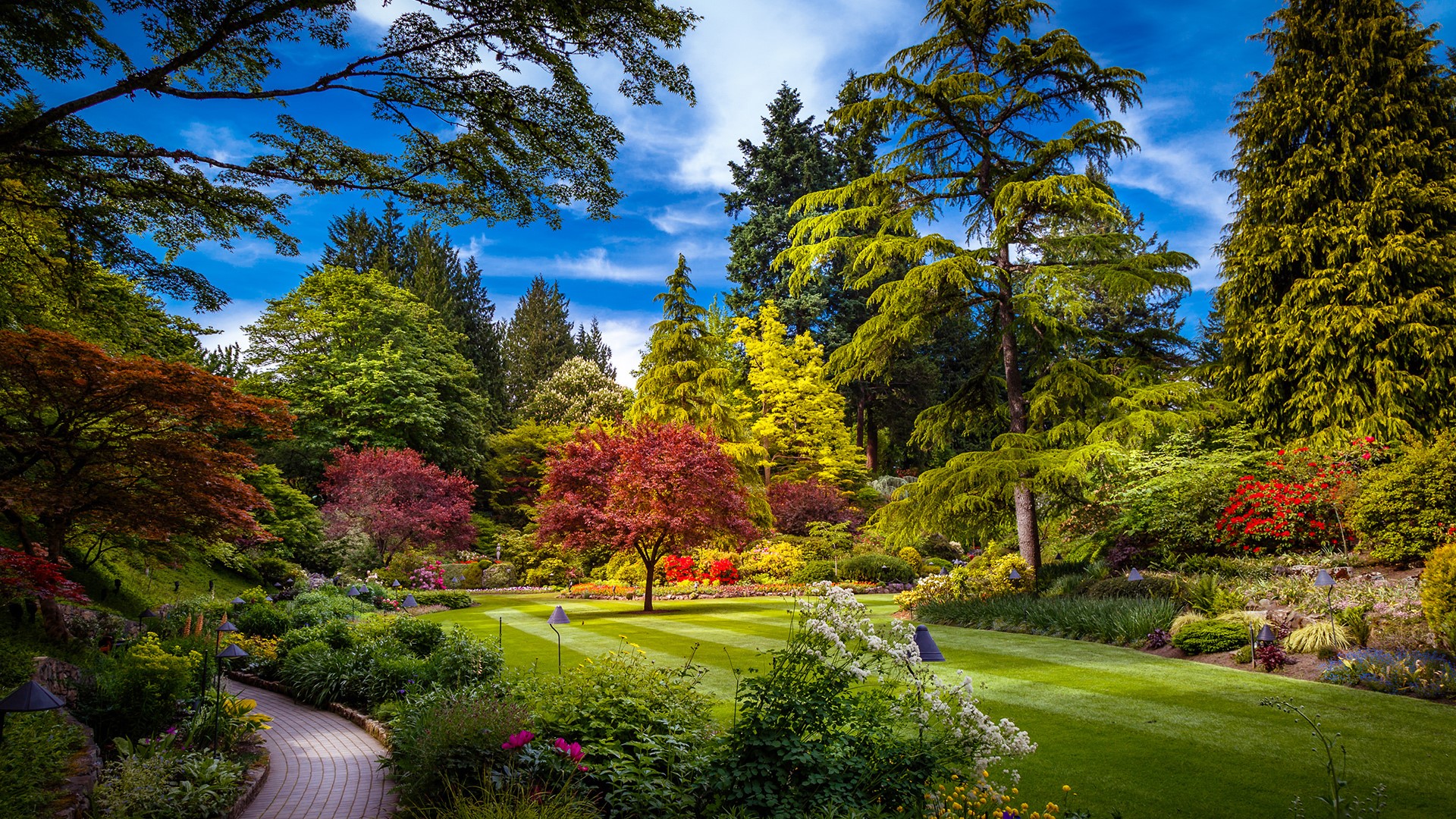 Nature Landscape Trees Plants Grass Walkway Flowers Clouds Sky The Butchart Gardens British Columbia 1920x1080