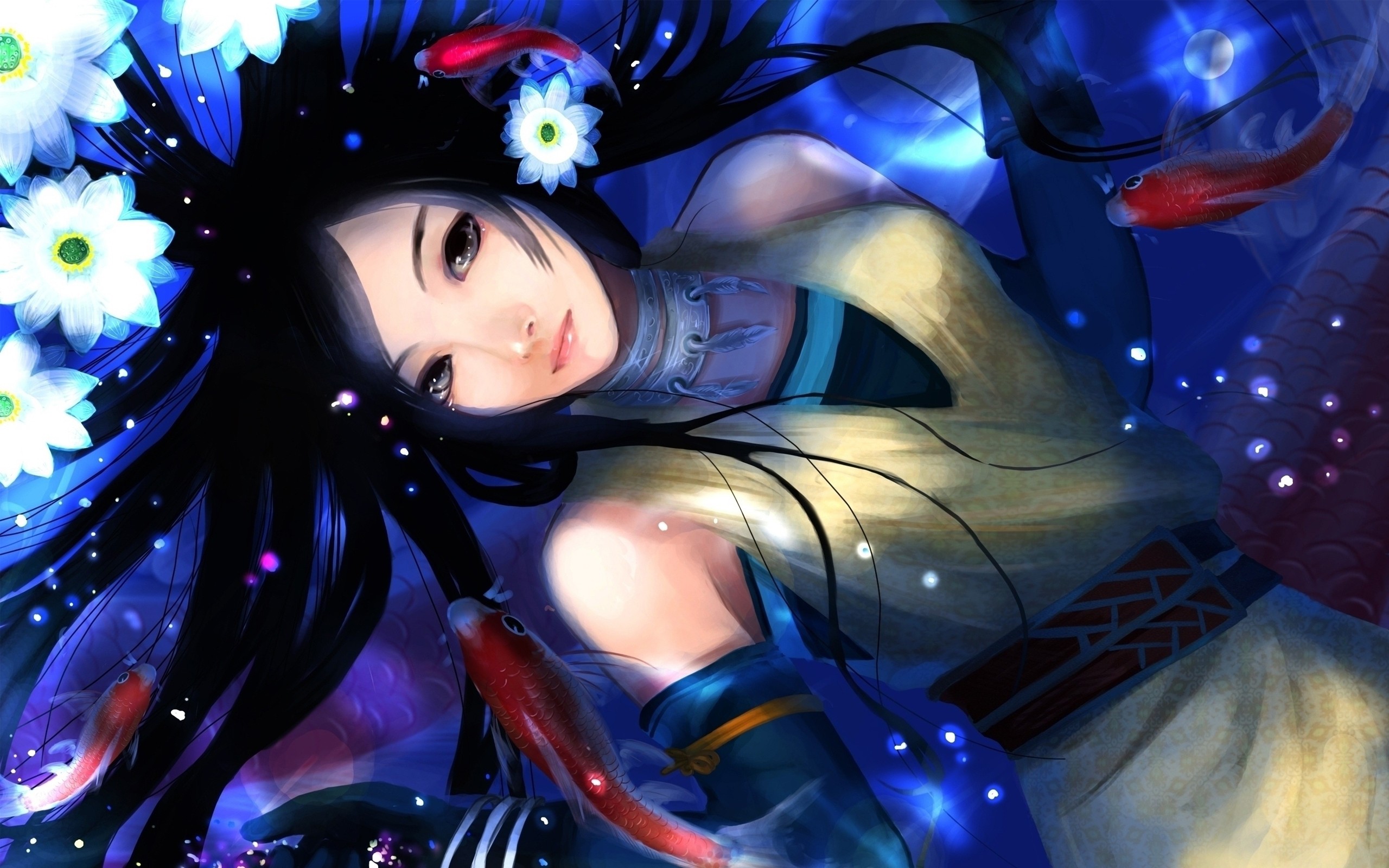 Asian Black Eyes Black Hair Fantasy Fish Flower Girl Koi Lotus Oriental Pond Water Woman 2560x1600