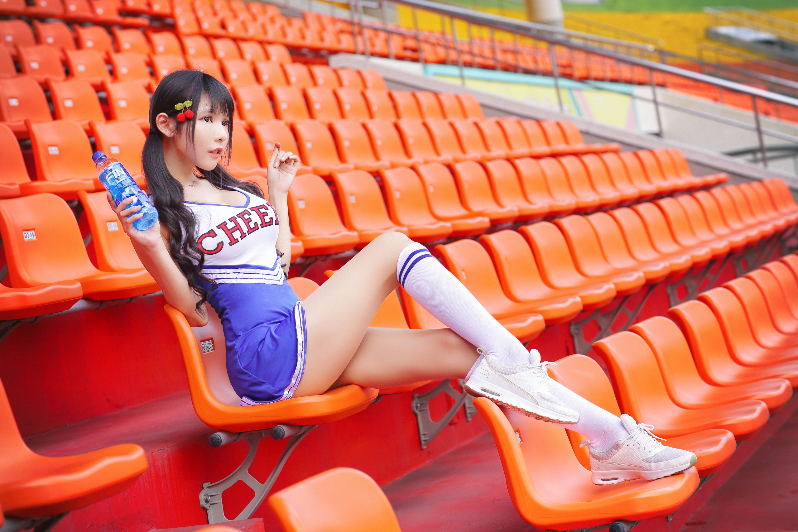 Women Model Asian Brunette Bangs Pigtails Looking Away Parted Lips Cheerleaders Dress Socks Sneakers 2560x1707