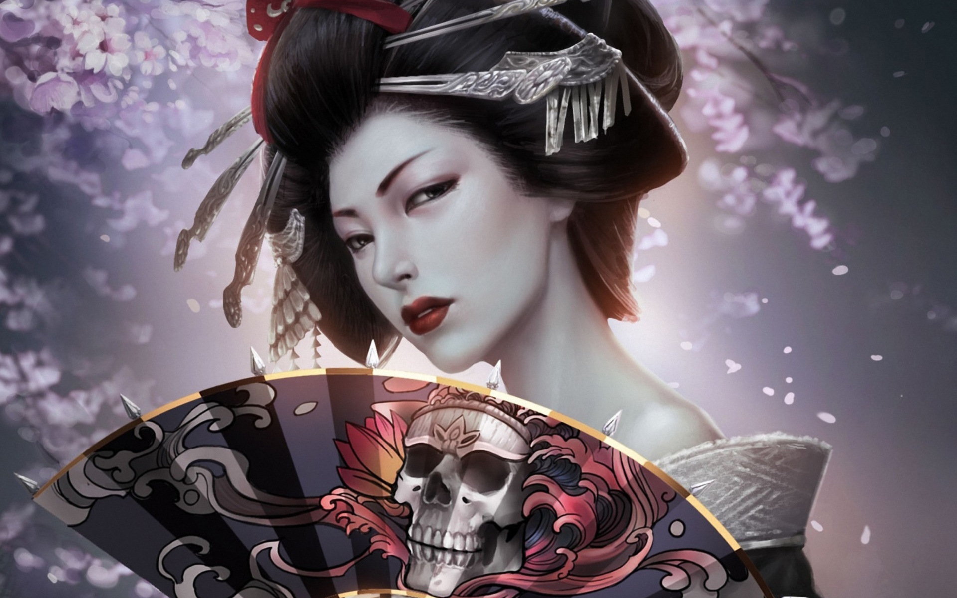 Fan Fantasy Geisha Gothic Kimono Skull Woman 1920x1200