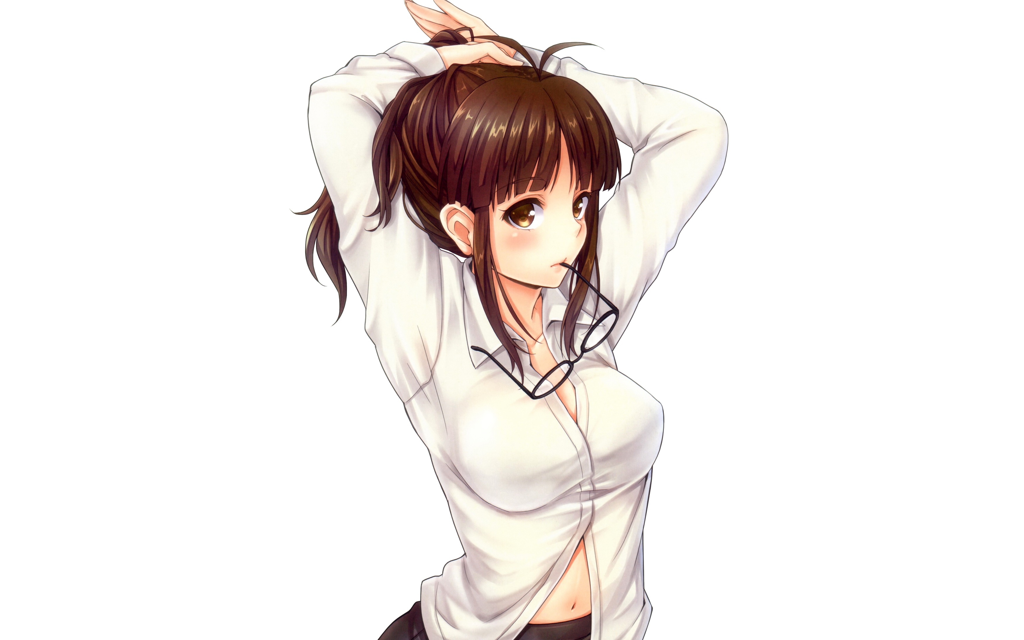 Blush Brown Eyes Brown Hair Girl Glasses Long Hair Ponytail Ritsuko Akizuki Shirt The Idolm Ster 3500x2188