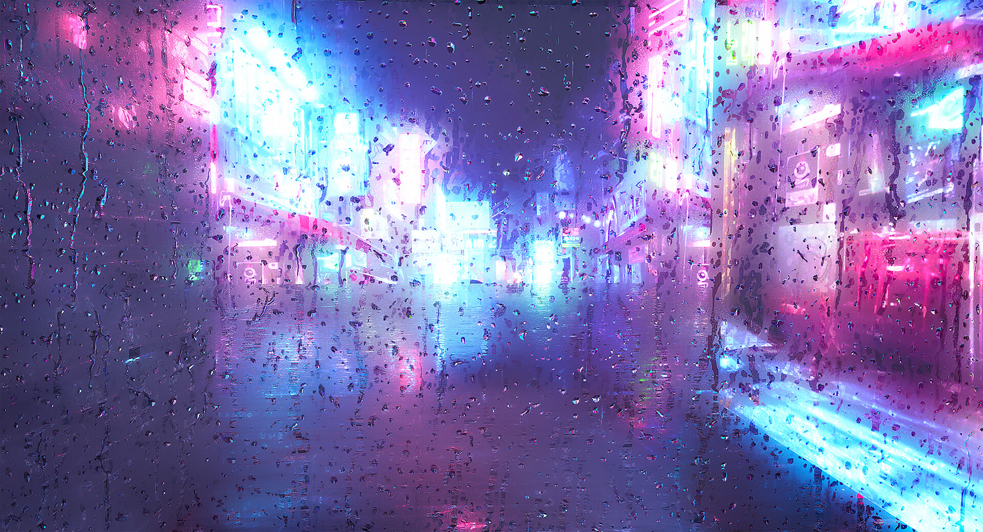 3D CGi Digital Art Water Water Drops Glass City City Lights Night Neon Glow Neon Unreal Engine 4 1920x1040