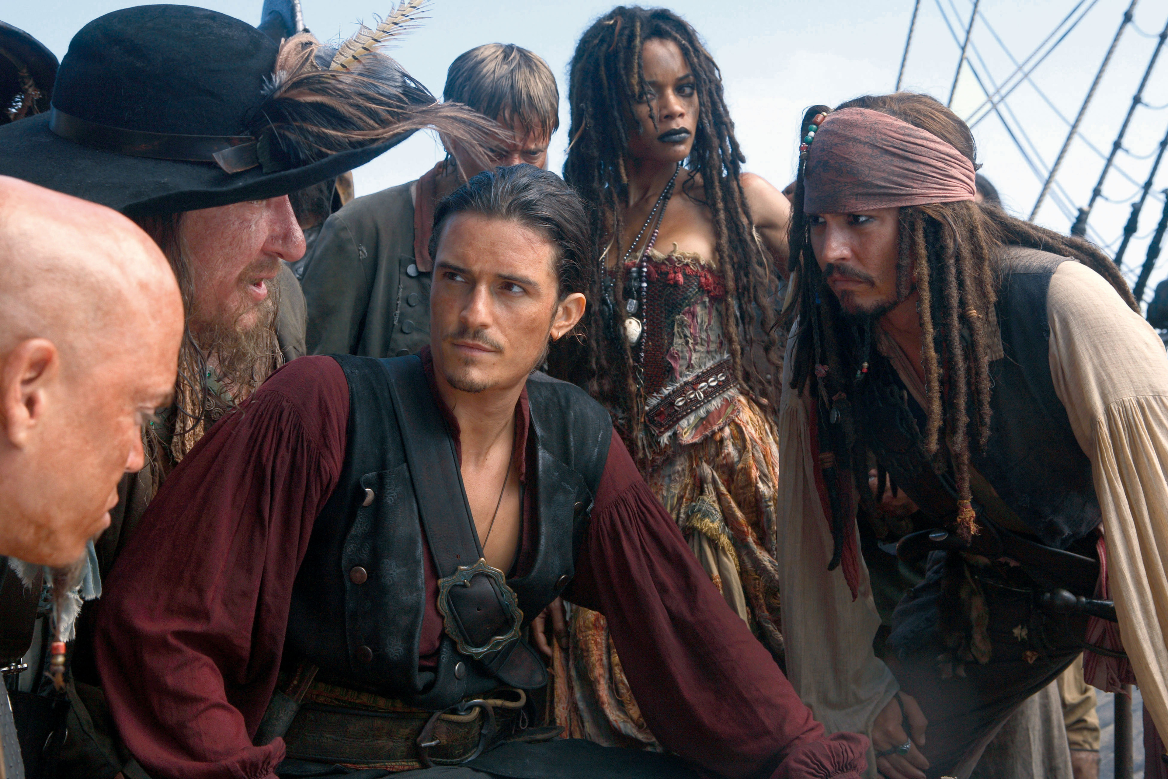 Geoffrey Rush Hector Barbossa Jack Sparrow Johnny Depp Naomie Harris Orlando Bloom Tia Dalma Will Tu 3840x2560
