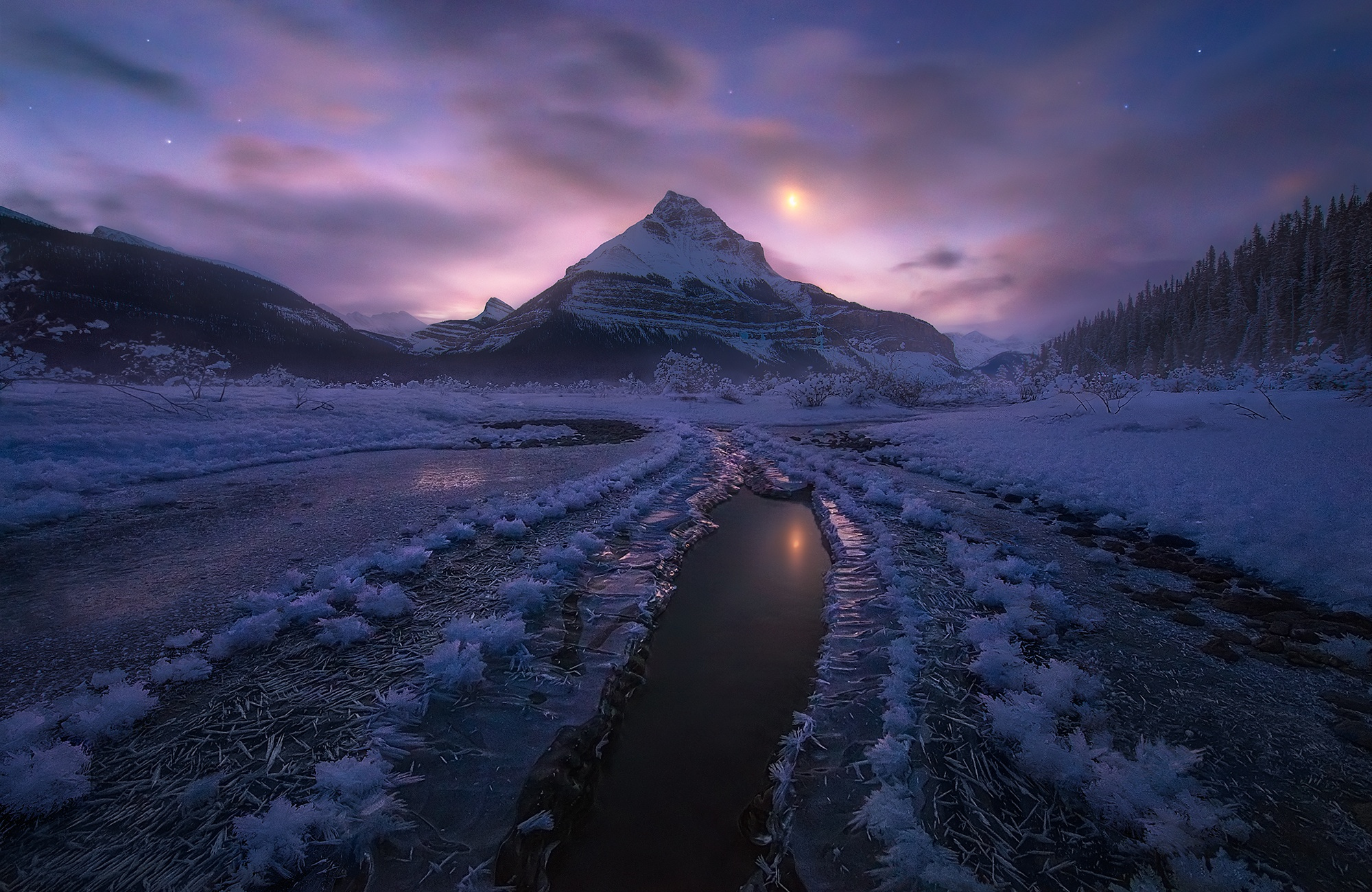 Alberta Canada Canadian Rockies Frost Ice Landscape Moonlight Mountain Nature Night Snow Water Winte 2000x1299