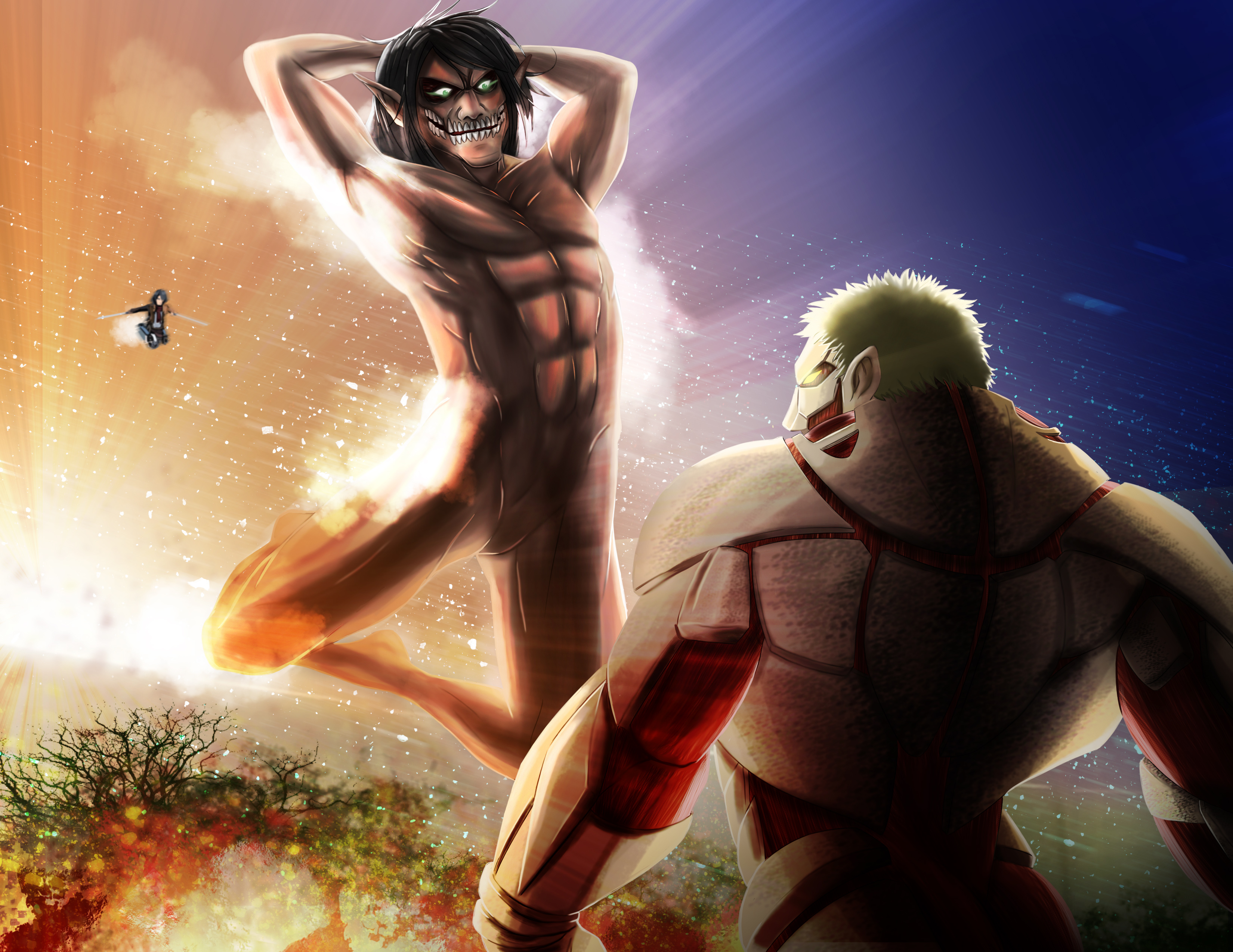 Attack On Titan Eren Yeager Mikasa Ackerman Reiner Braun Shingeki No Kyojin 3300x2550