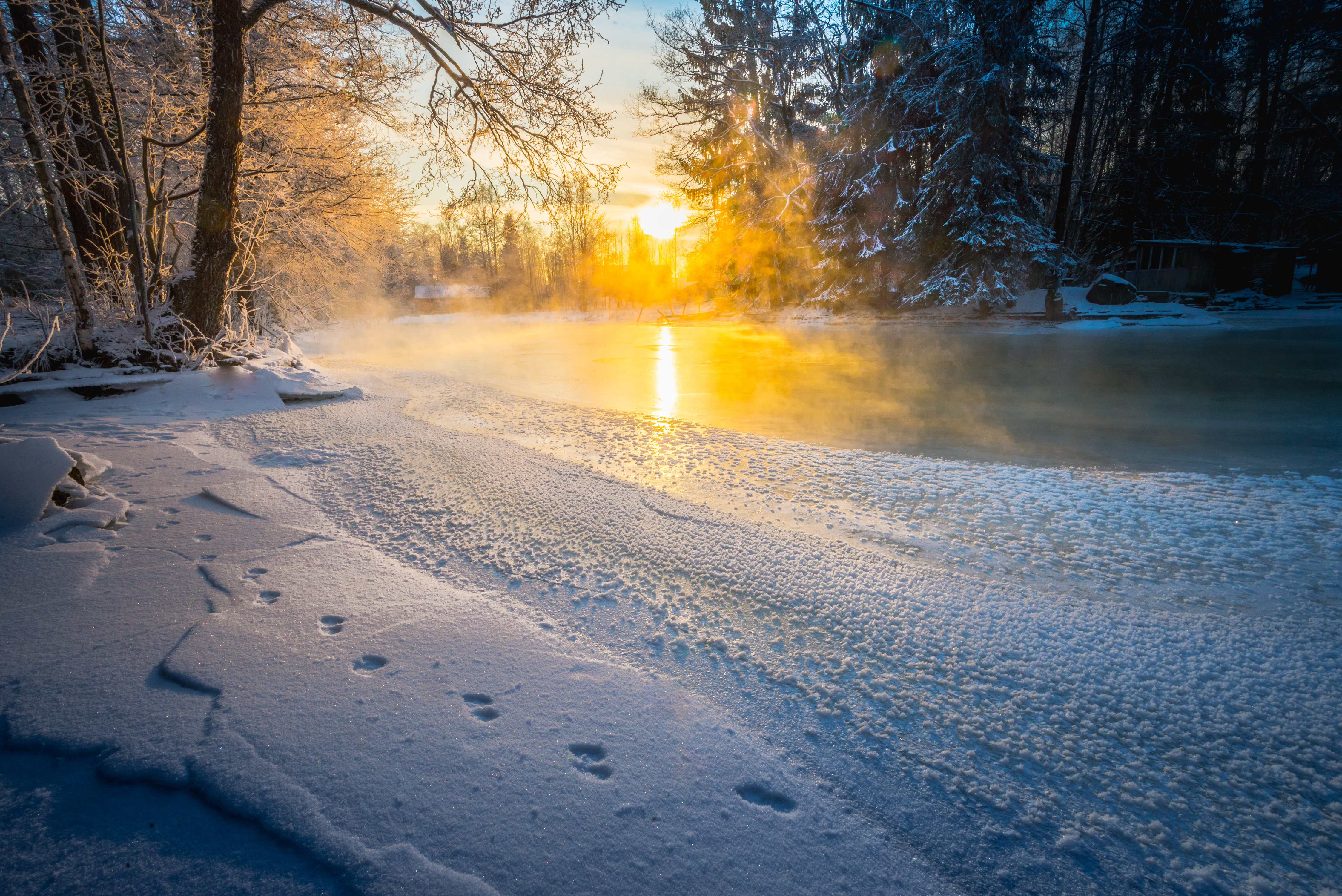 Footprint Nature River Snow Sunrise Winter 4494x3000