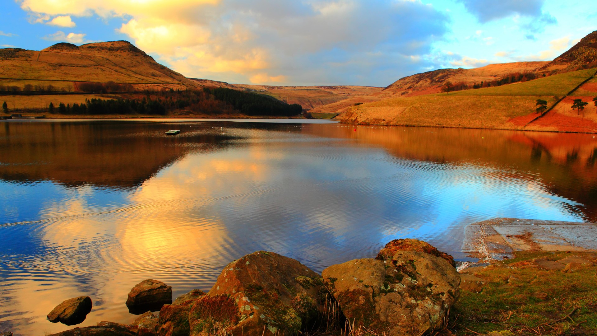 Nature Landscape Rocks Water Moss Mountains Clouds Sky Water Ripples Manchester England UK Dovestone 1920x1080