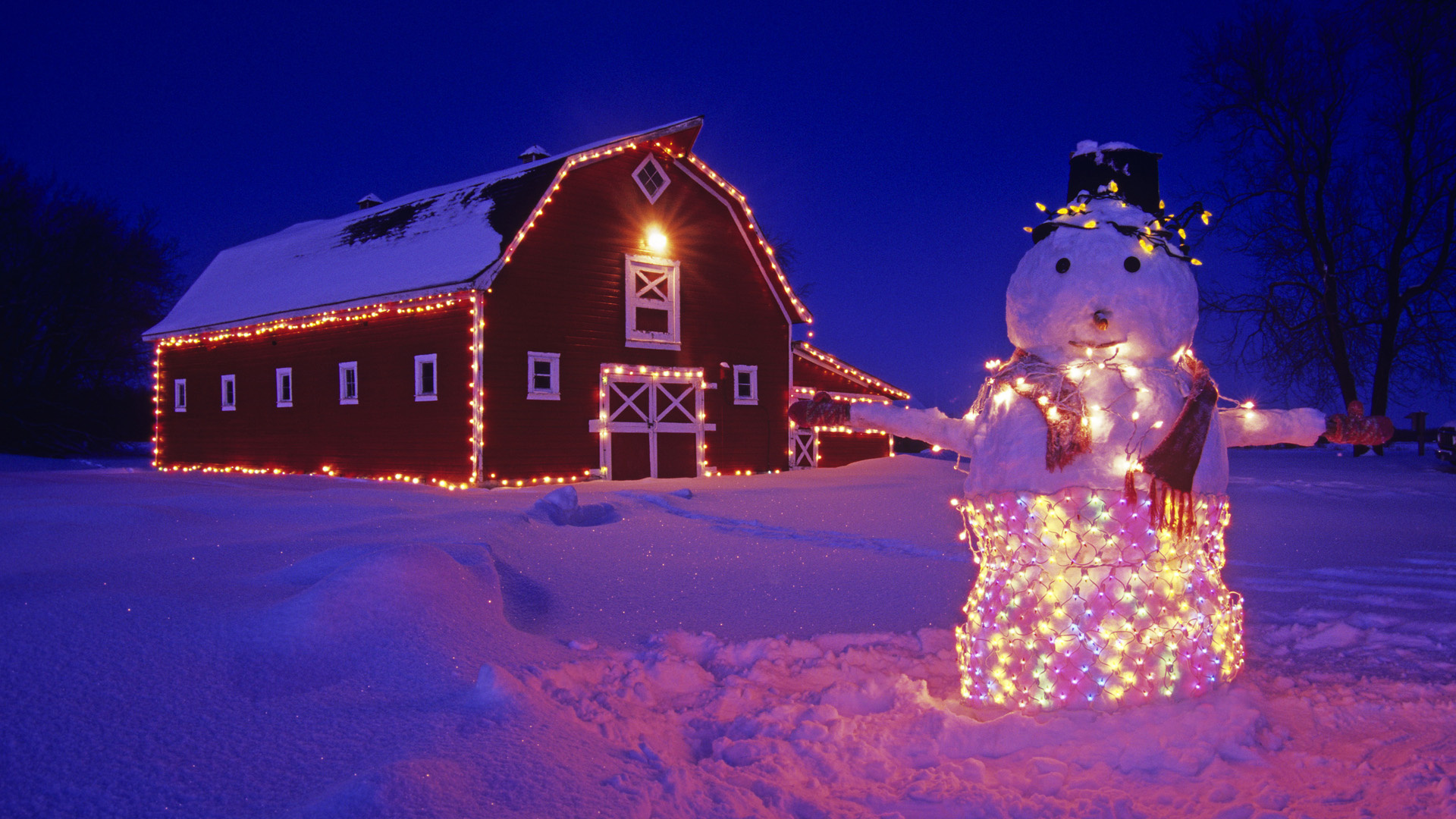 Barn Christmas Lights Night Snow Snowman Winter 1920x1080